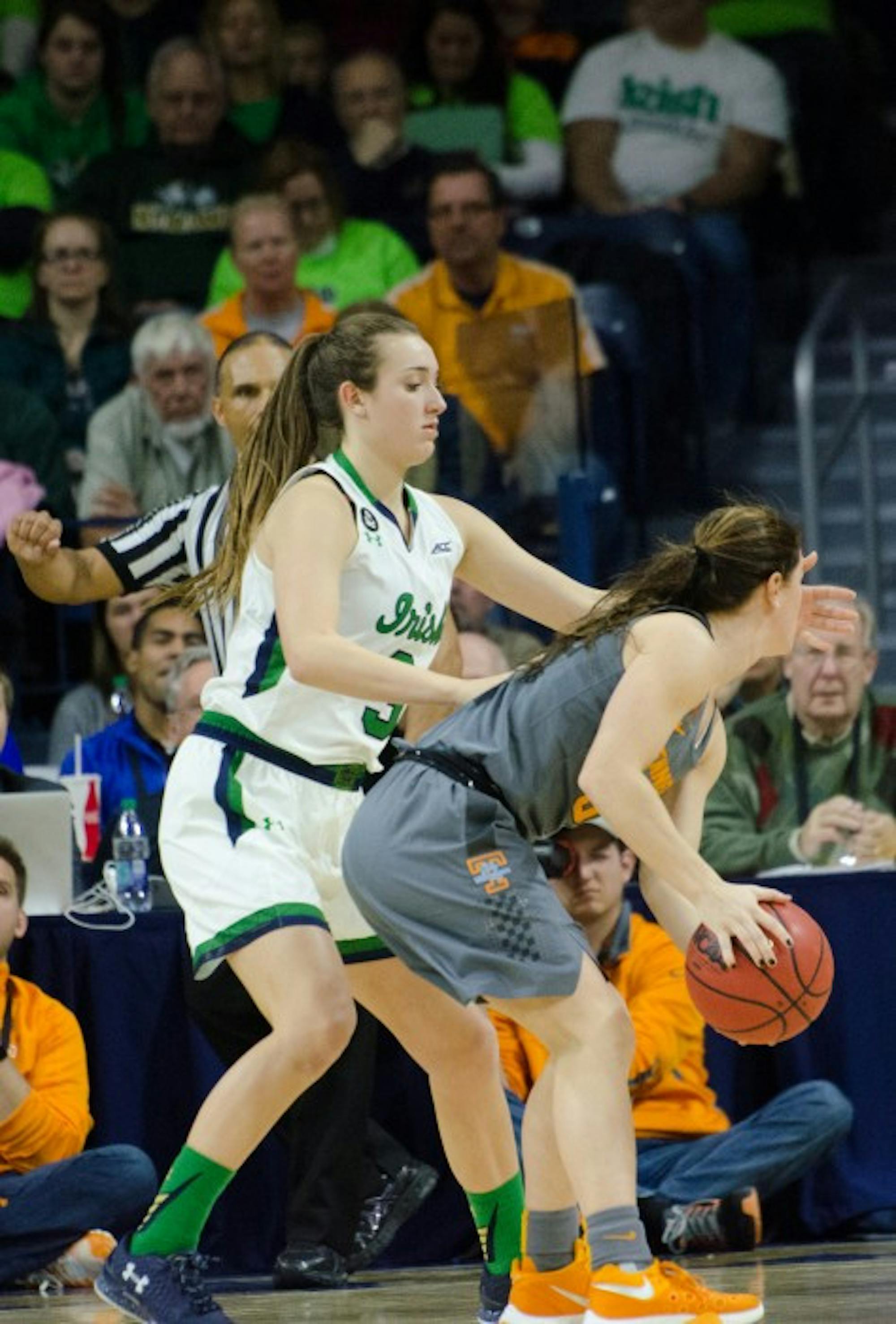 Irish freshman guard Marina Mabrey plays defense during Notre Dame’s 79-66 win over Tennessee on Jan. 18 at Purcell Pavilion. Mabrey is shooting 48.9 percent from beyond the 3-point line this season.