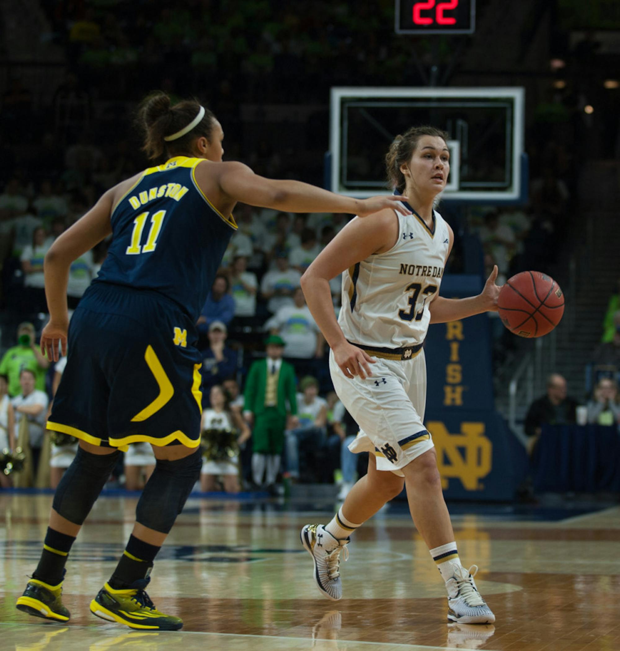 Irish freshman forward Kathryn Westbeld looks for an opening in Notre Dame’s 70-50 victory against Michigan on Dec. 13.