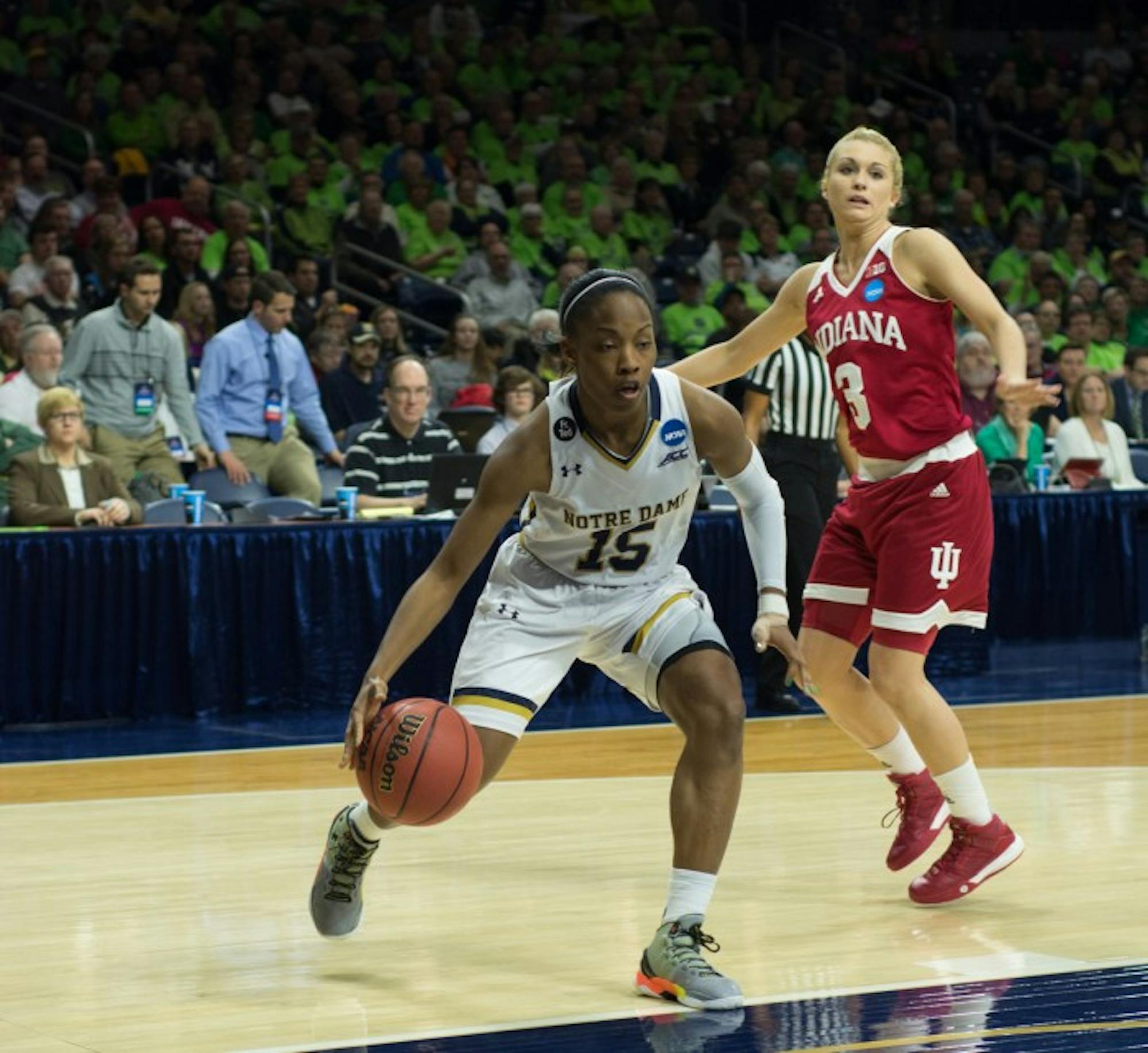 Irish junior guard Lindsay Allen drives to the paint during Notre Dame’s 87-70 win over Indiana at Purcell Pavilion on Monday. Allen scored a season-high 22 points to lead her team to the Sweet 16.