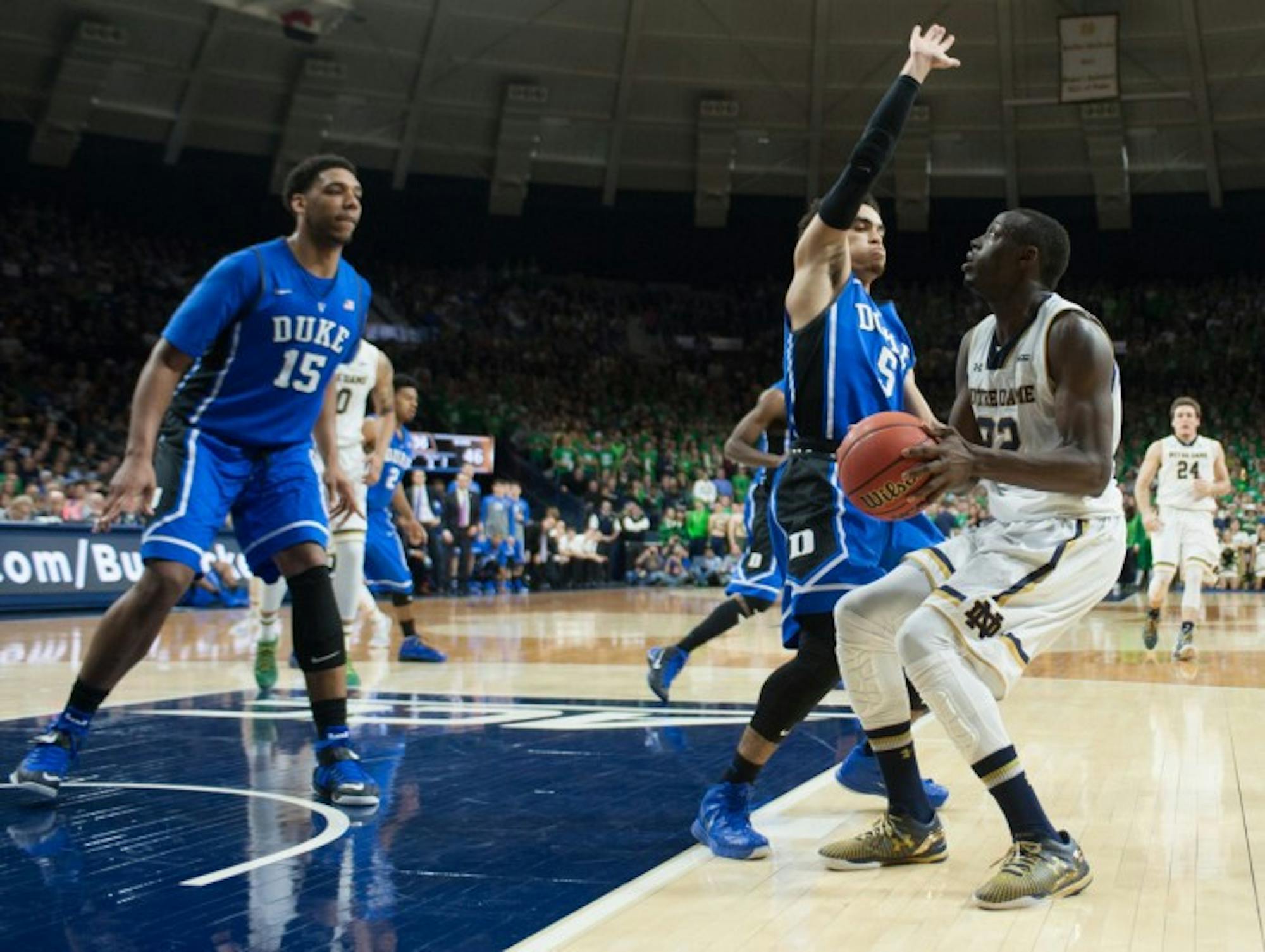 Irish senior guard Jerian Grant looks to shoot during Notre Dame’s 77-73 win over Duke on Jan. 28 at Purcell Pavilion. The Irish lost 90-60 in the return game in Durham, North Carolina, on Saturday.