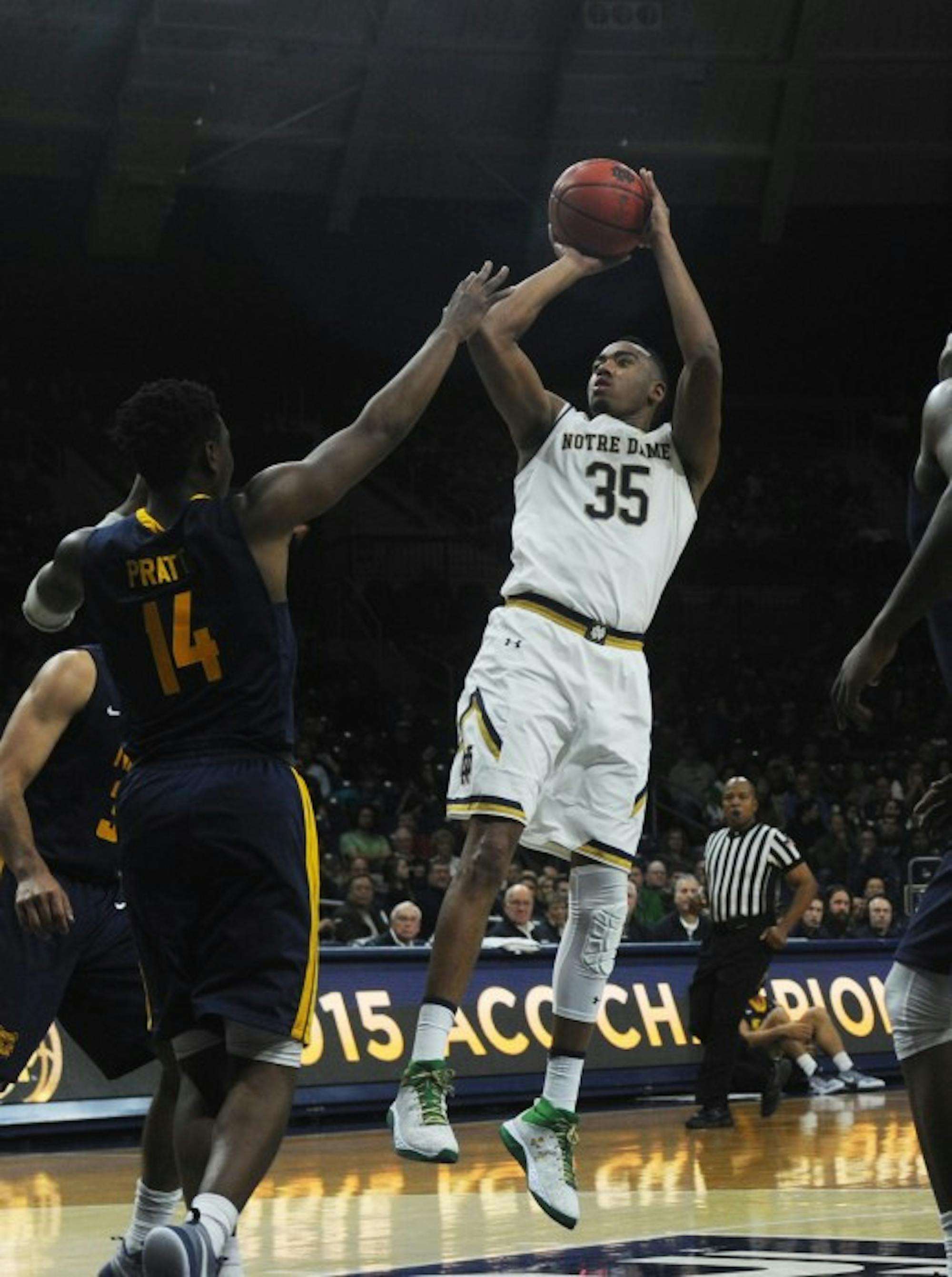 Irish junior forward Bonzie Colson shoots from mid-rage during Notre Dame’s 107-53 over North Carolina AT&T on Sunday.