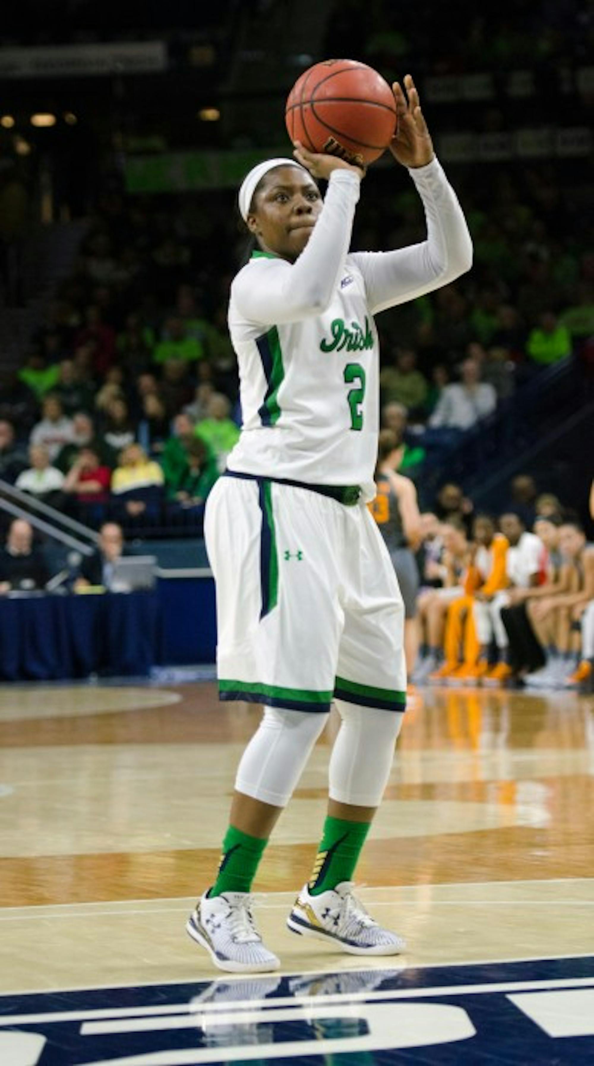 Irish freshman guard Arike Ogunbowale shoots a free throw during Notre Dame’s 79-66 win over Tennessee on Monday at Purcell Pavilion.