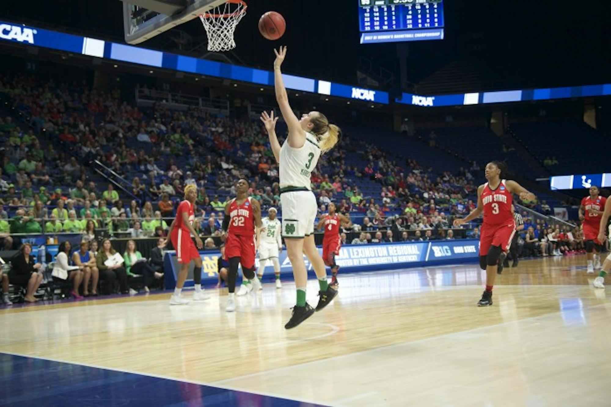Irish sophomore guard Marina Mabrey shoots the ball during Notre Dame's 99-76 win over Ohio State on Friday at Rupp Arena in Lexington, Kentucky.