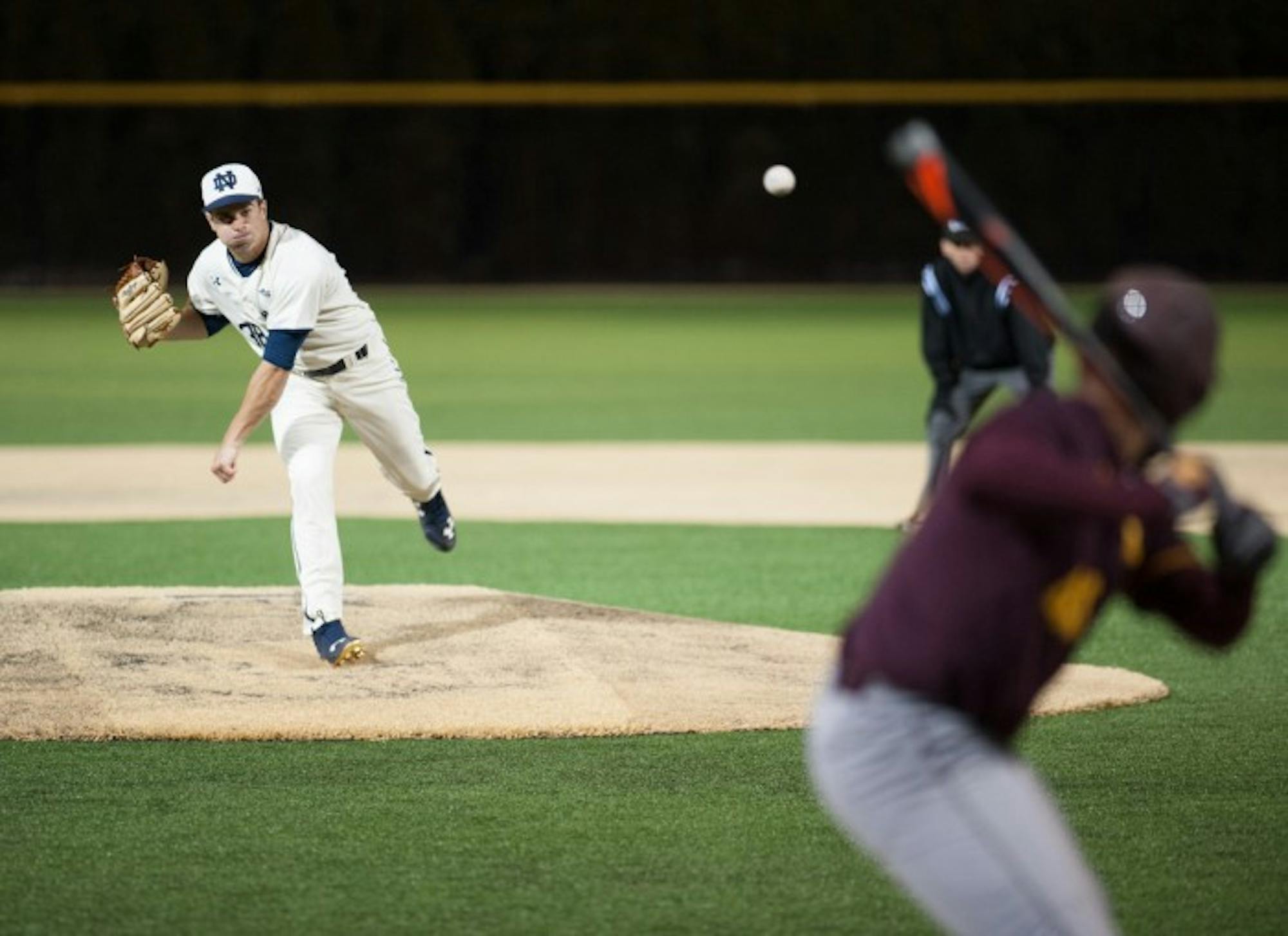 Sophomore left-hander Scott Tully pitches the ball to a Central Michigan batter in the 8-3 win at Frank Eck Stadium.