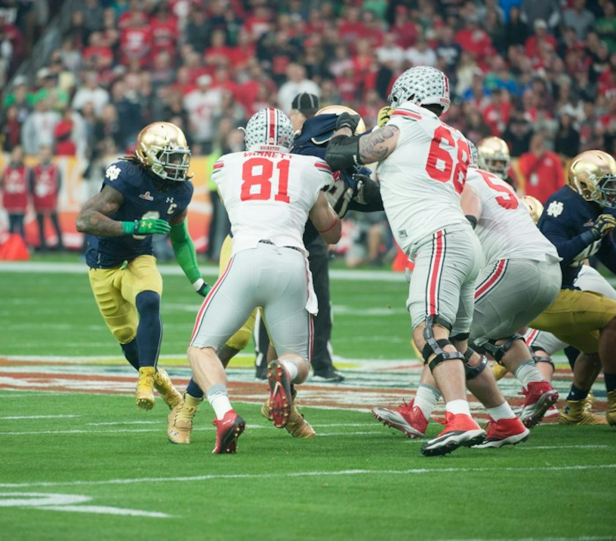 Junior linebacker Jaylon Smith tracks the ballcarrier during Notre Dame’s 44-28 loss to Ohio State in the BattleFrog Fiesta Bowl.
