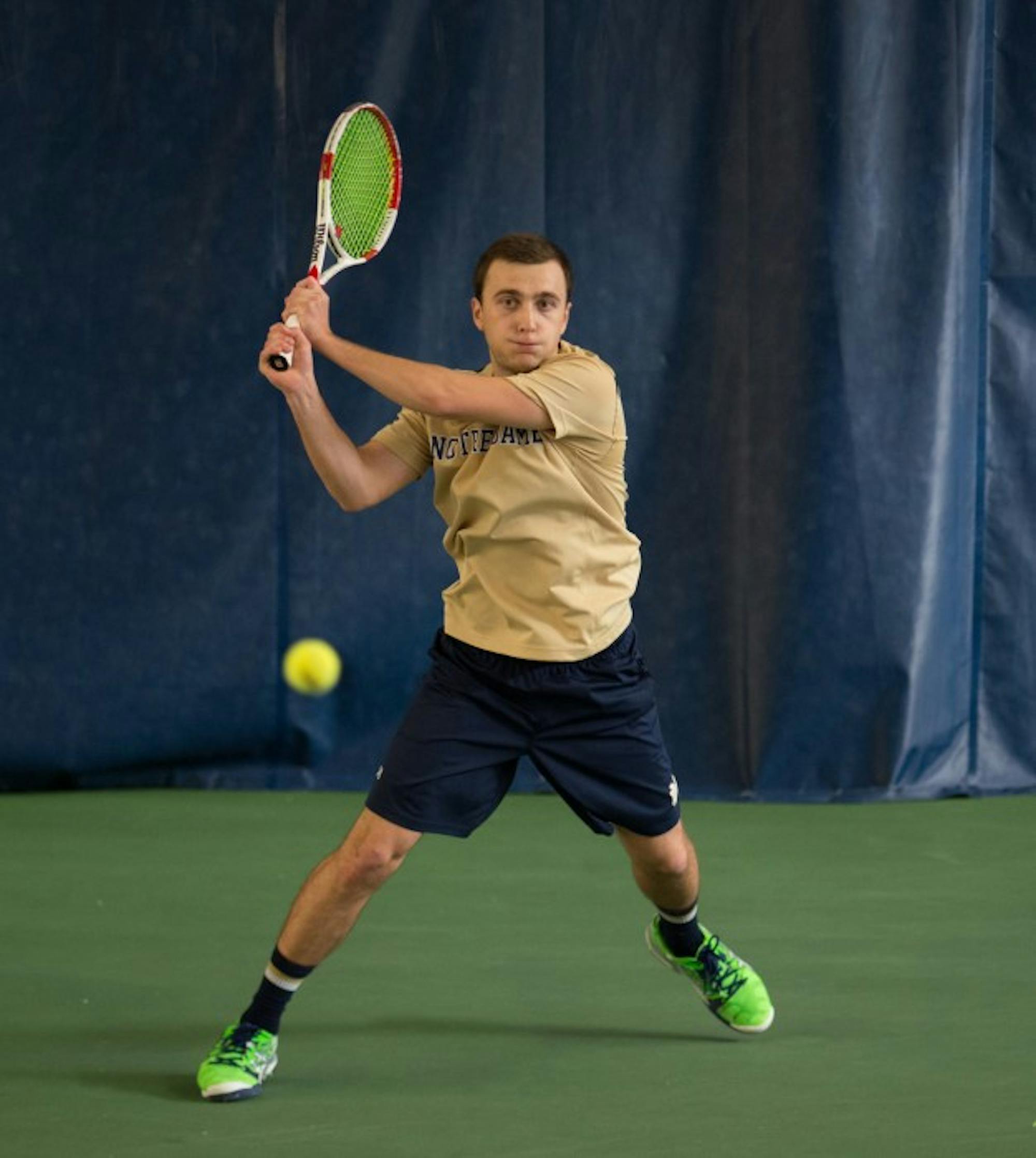 Irish sophomore Eddy Covalschi follows through on a shot during Notre Dame’s 4-3 win over Oklahoma State on Saturday.