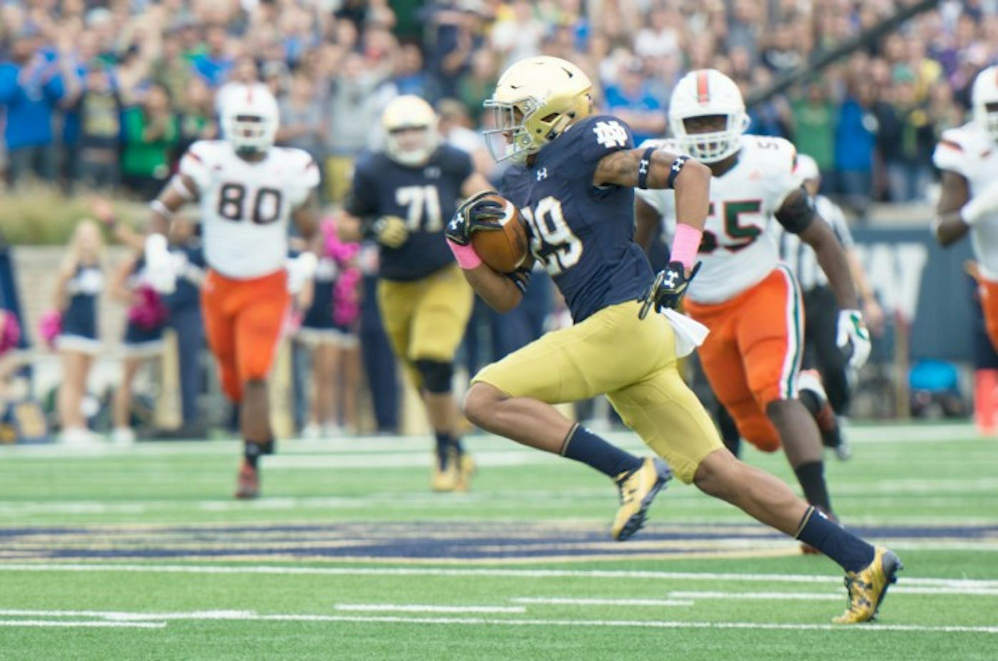 Sophomore wide receiver Kevin Stepherson cuts upfield after catching a pass during Notre Dame’s 30-27 win over Miami on Oct. 29.