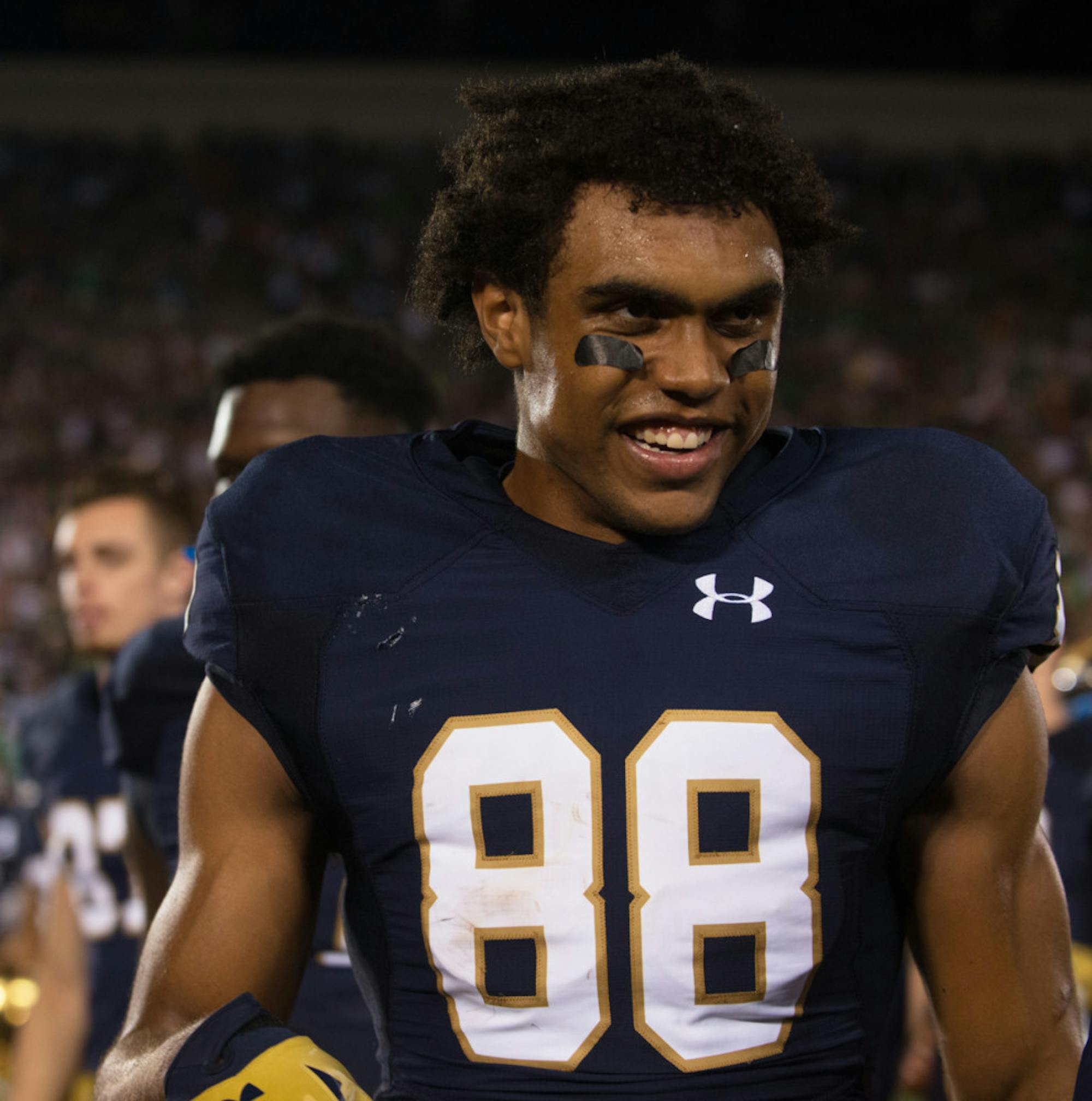 Irish junior receiver Corey Robinson smiles during Notre Dame’s 38-3 win over Texas on Sept. 5 at Notre Dame Stadium.