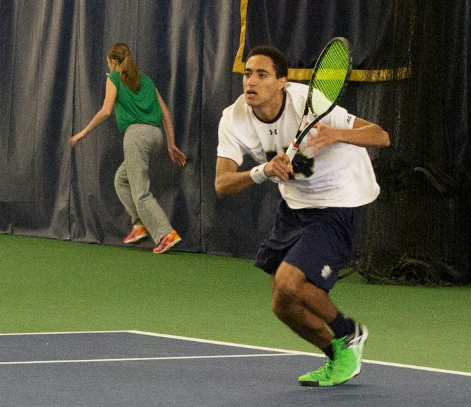 Irish freshman Grayson Broadus competes during Notre Dame’s 5-2 win over Indiana on Feb. 7 at Eck Tennis Pavilion.