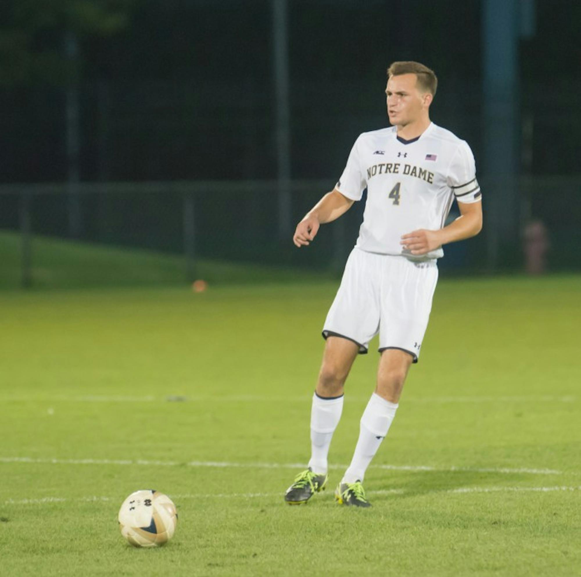 Irish senior defender Matt Habrowski receives a pass during Notre Dame’s 1-0 win over Connecticut on Sept. 13 at Alumni Stadium. Habrowski, a team captain, has started in all seven matches for the Irish this season.