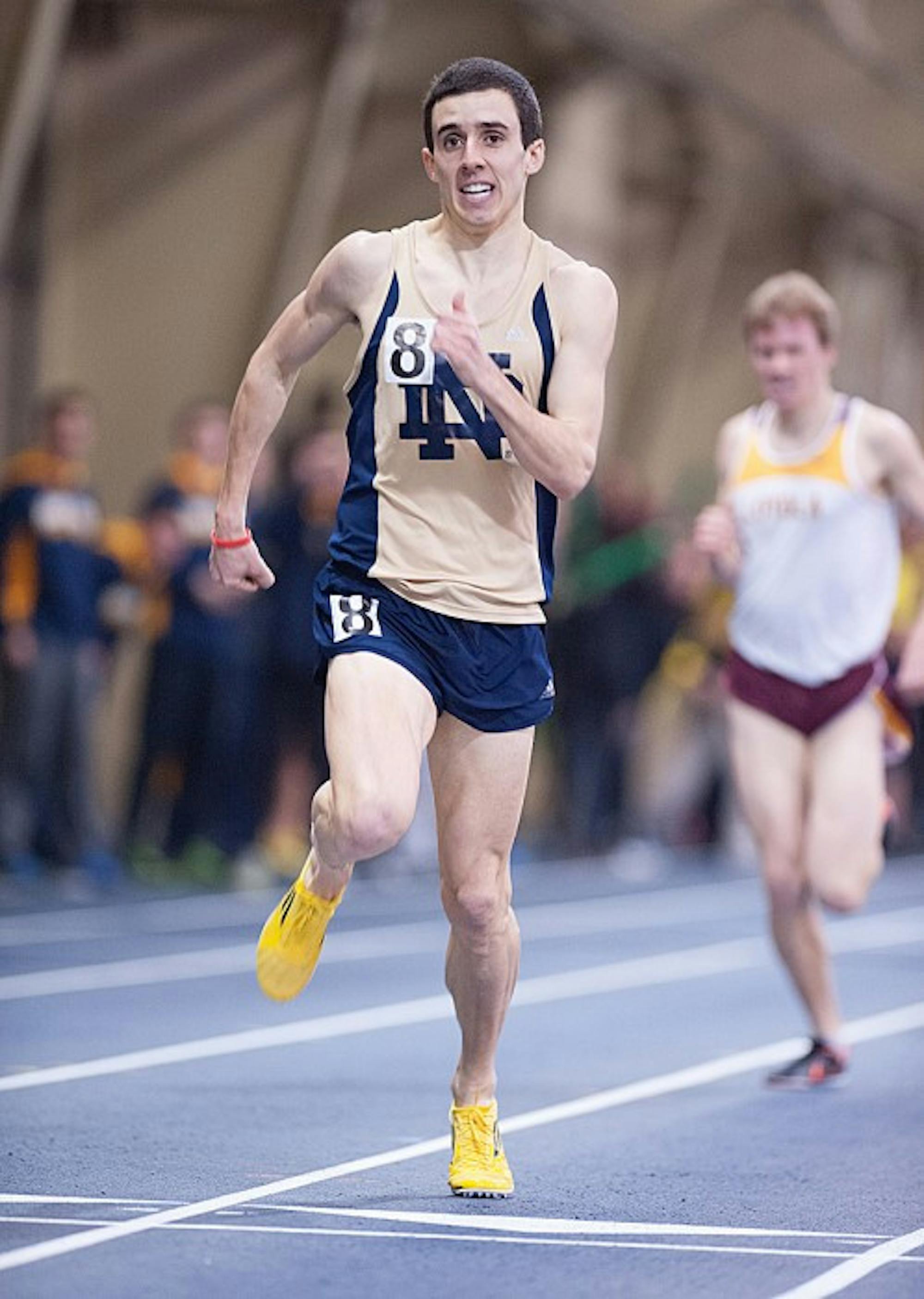 Graduate student Jeremy Rae crosses the finish line for the mile at the Meyo Invitational on Saturday at Loftus Sports Center. Rae won the race in 3:57.25, which set a school record.