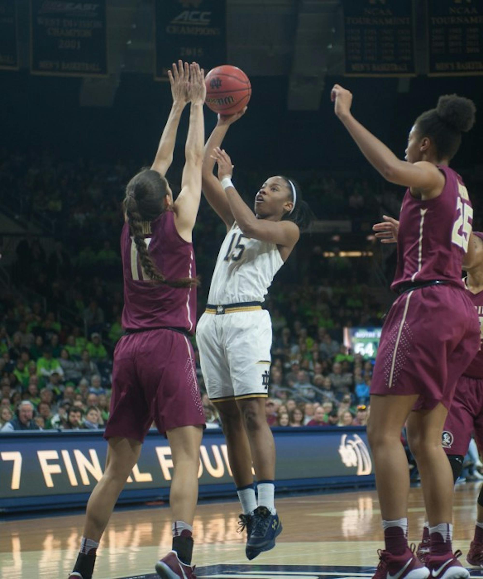 Irish senior guard Lindsay Allen pulls up for a floater during Notre Dame's 79-61 victory over Florida State on Feb. 26 at Purcell Pavilion. Allen holds the ACC record for most assists in a season.