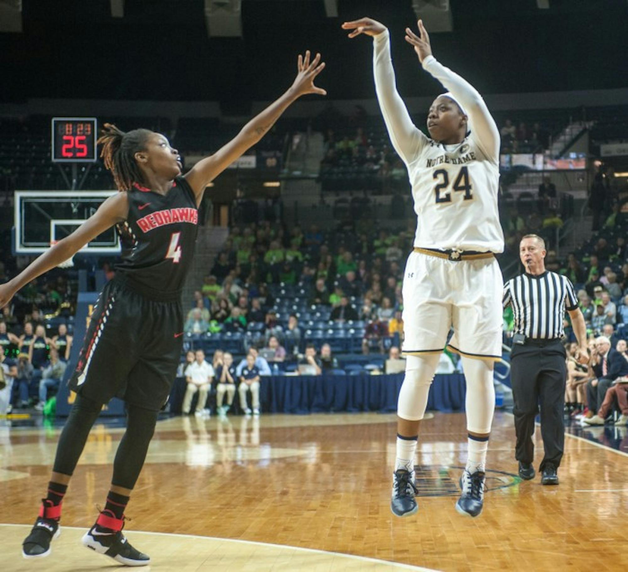 Irish sophomore guard Arike Ogunbowale fires a shot from the three-point line in Notre Dame’s 129-50 win over Roberts Wesleyan on Nov. 3.