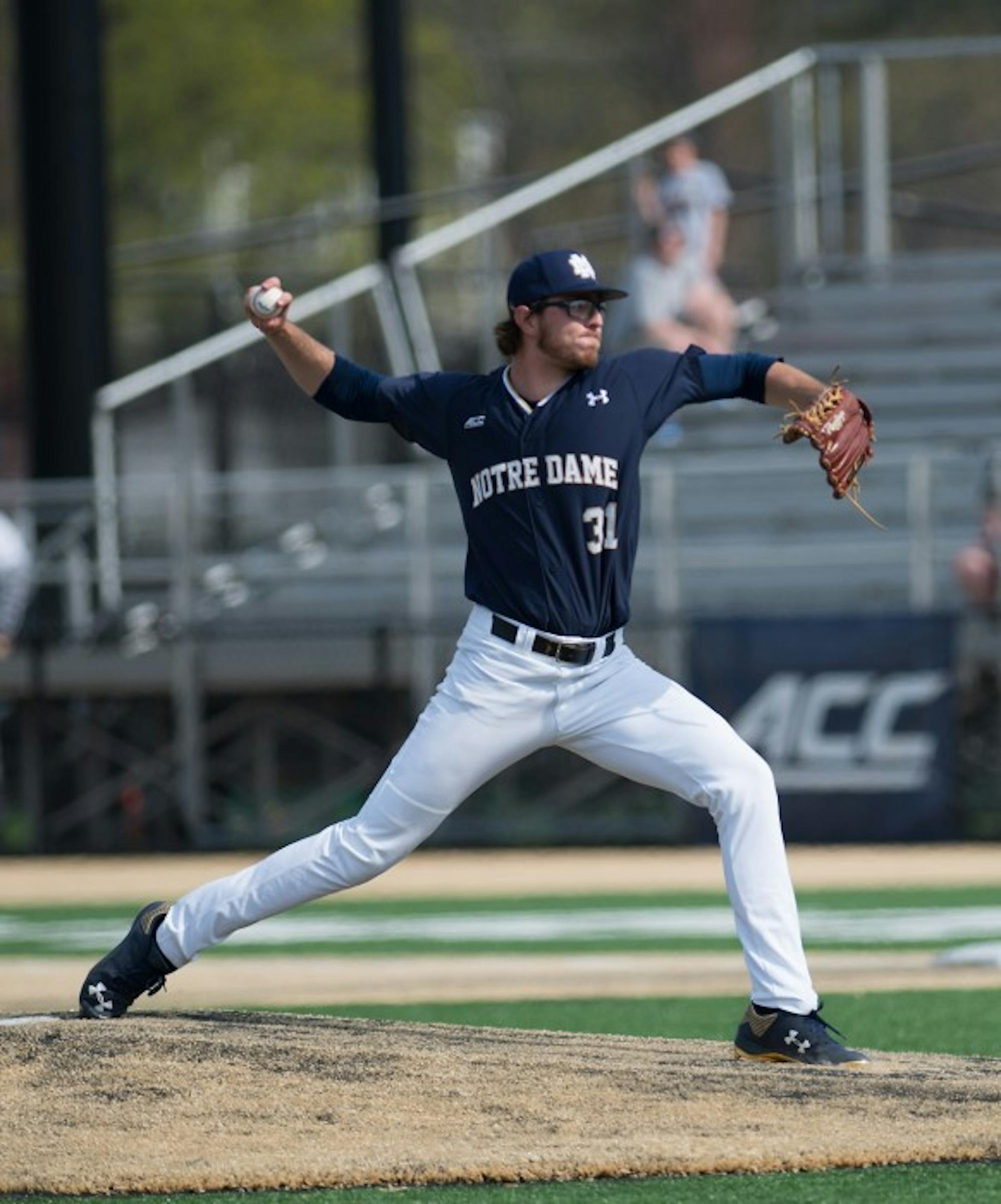 Senior right-hander Scott Kerrigan moves towards home during Notre Dame’s loss 4-2 to North Carolina State on Sunday.