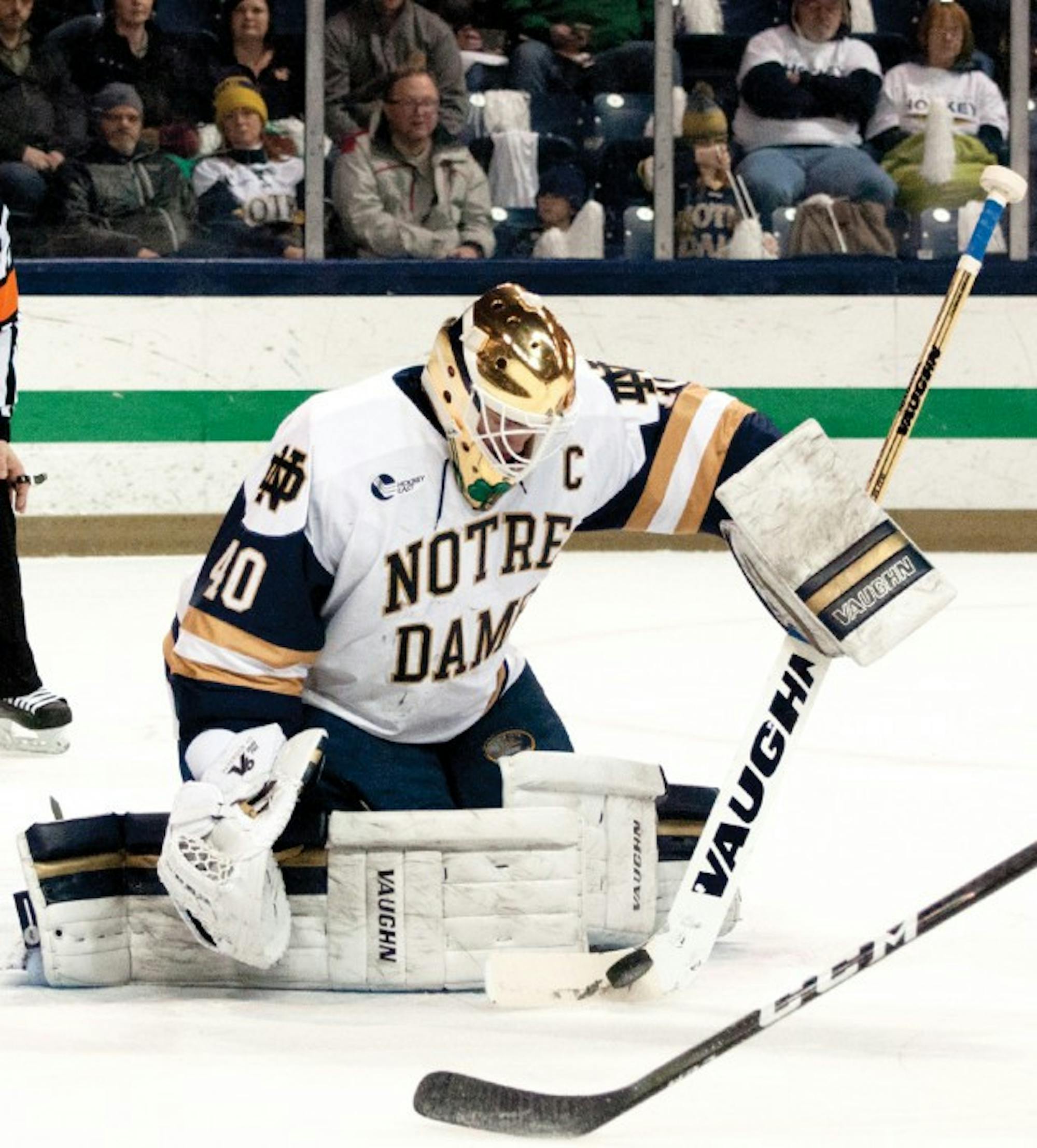Irish junior goalie Cal Petersen makes a save during Notre Dame’s 4-1 win over Vermont on Feb. 4 at Compton Family Ice Arena.
