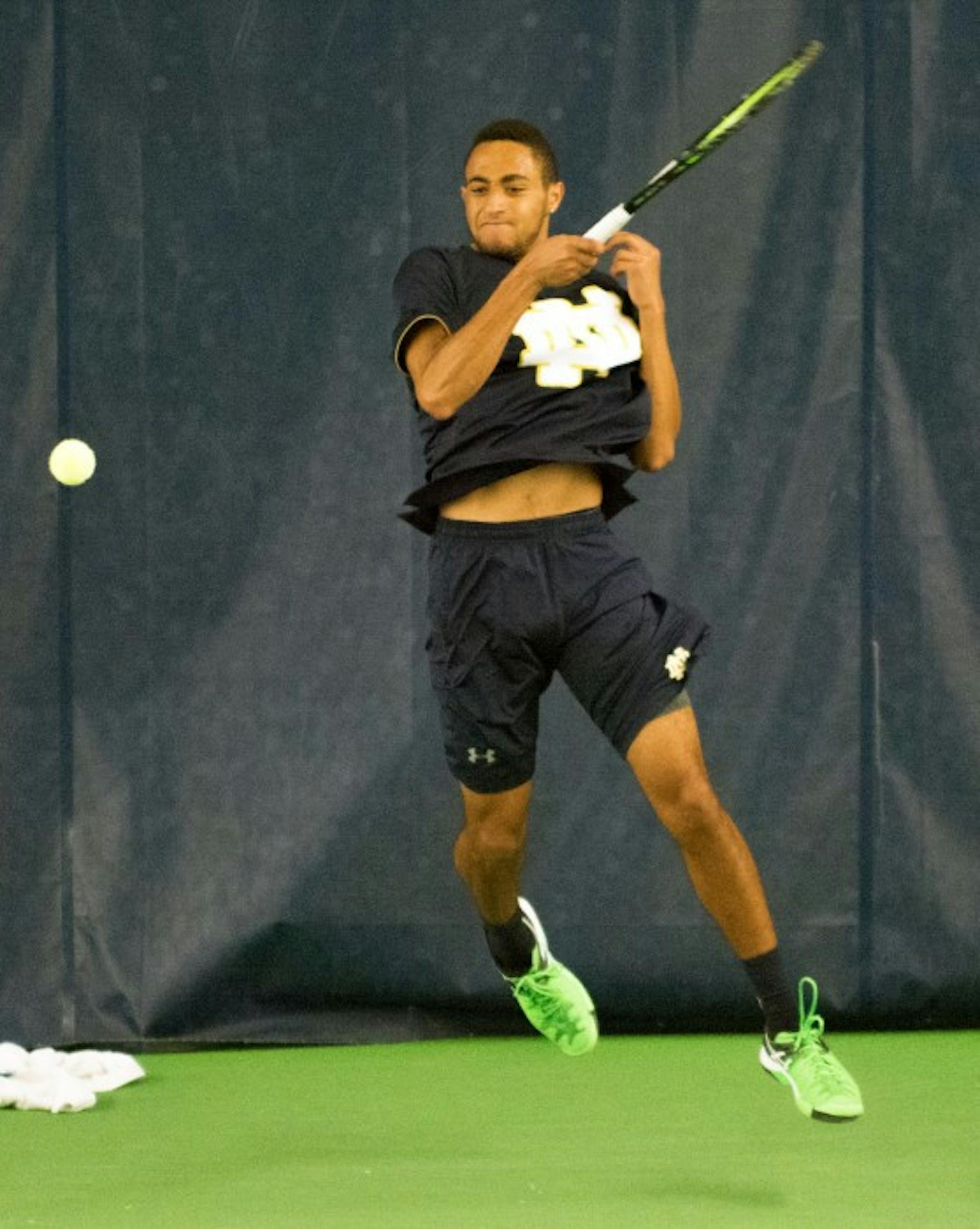 Sophomore Grayson Broadus returns a server in Notre Dame's 5-2 win over Duke on March 18 at Eck Tennis Pavilion.