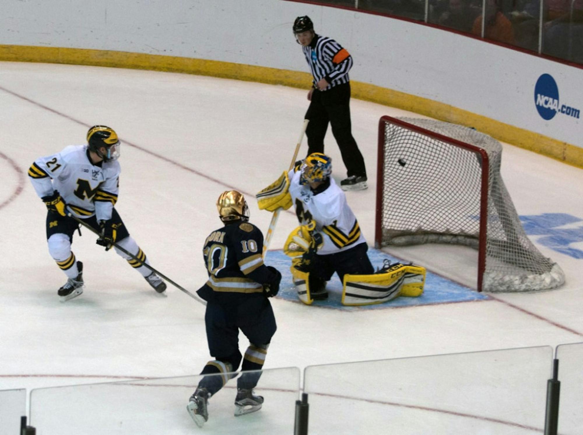 Irish sophomore left wing Anders Bjork scores over the goalie’s shoulder in Notre Dame’s 3-2 overtime loss to Michigan in the first round of the NCAA tournament on March 25 at US Bank Arena in Cincinnati.