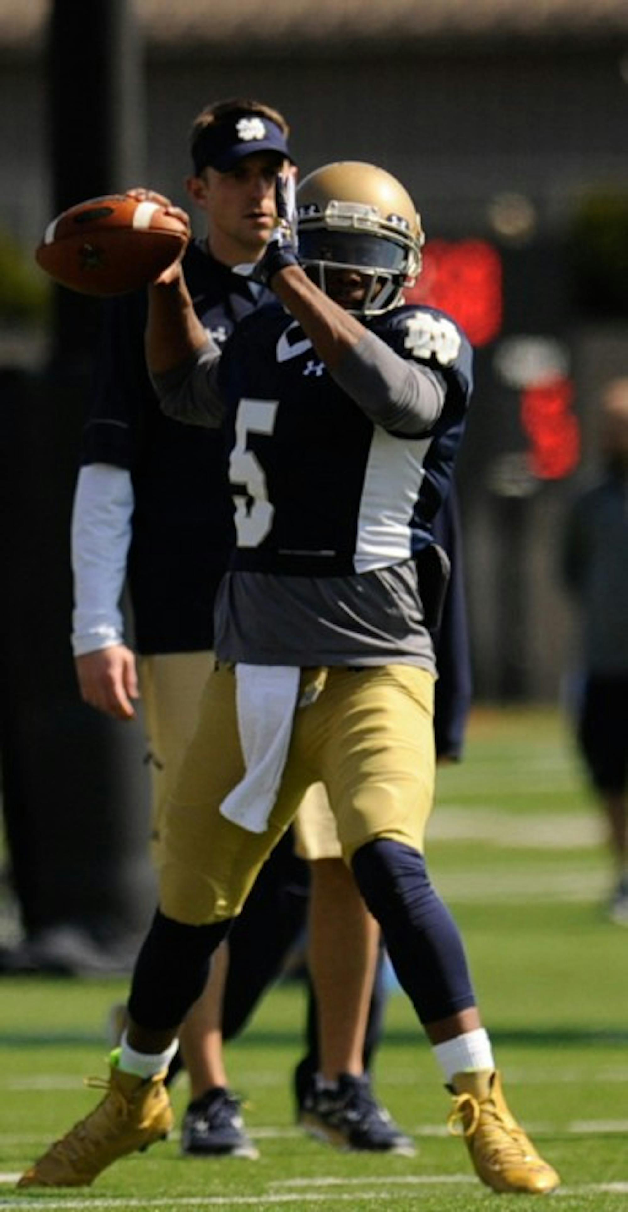Graduate student quarterback Everett Golson throws a pass during spring practice Saturday at LaBar Practice Complex. Golson is competing with junior Malik Zaire for the starting job.