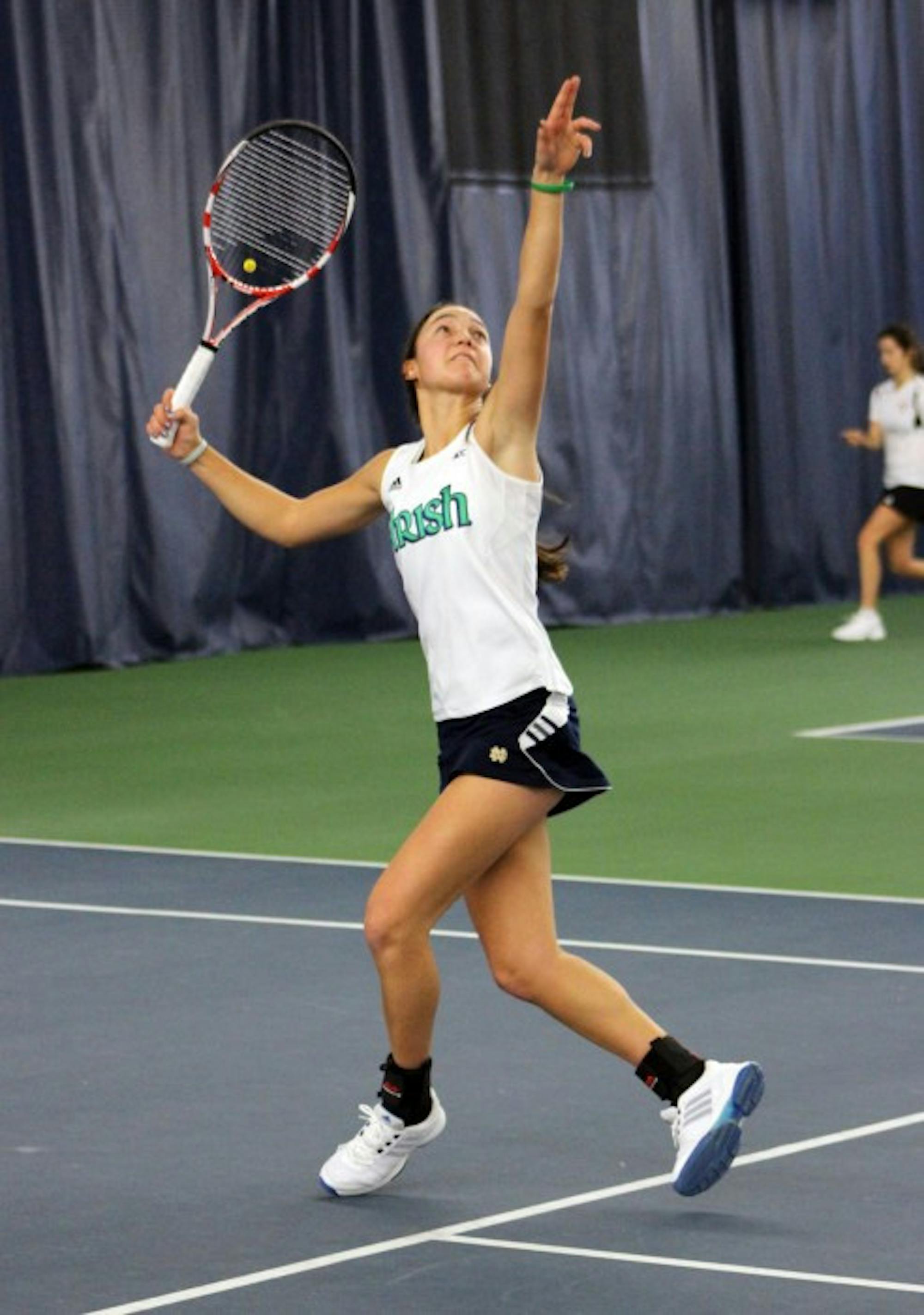 Irish junior Quinn Gleason tracks the ball during Notre Dame’s 4-3 victory over Indiana on Feb. 2 at Eck Tennis Center. Gleason won her singles match but lost her doubles competition against the Hoosiers.