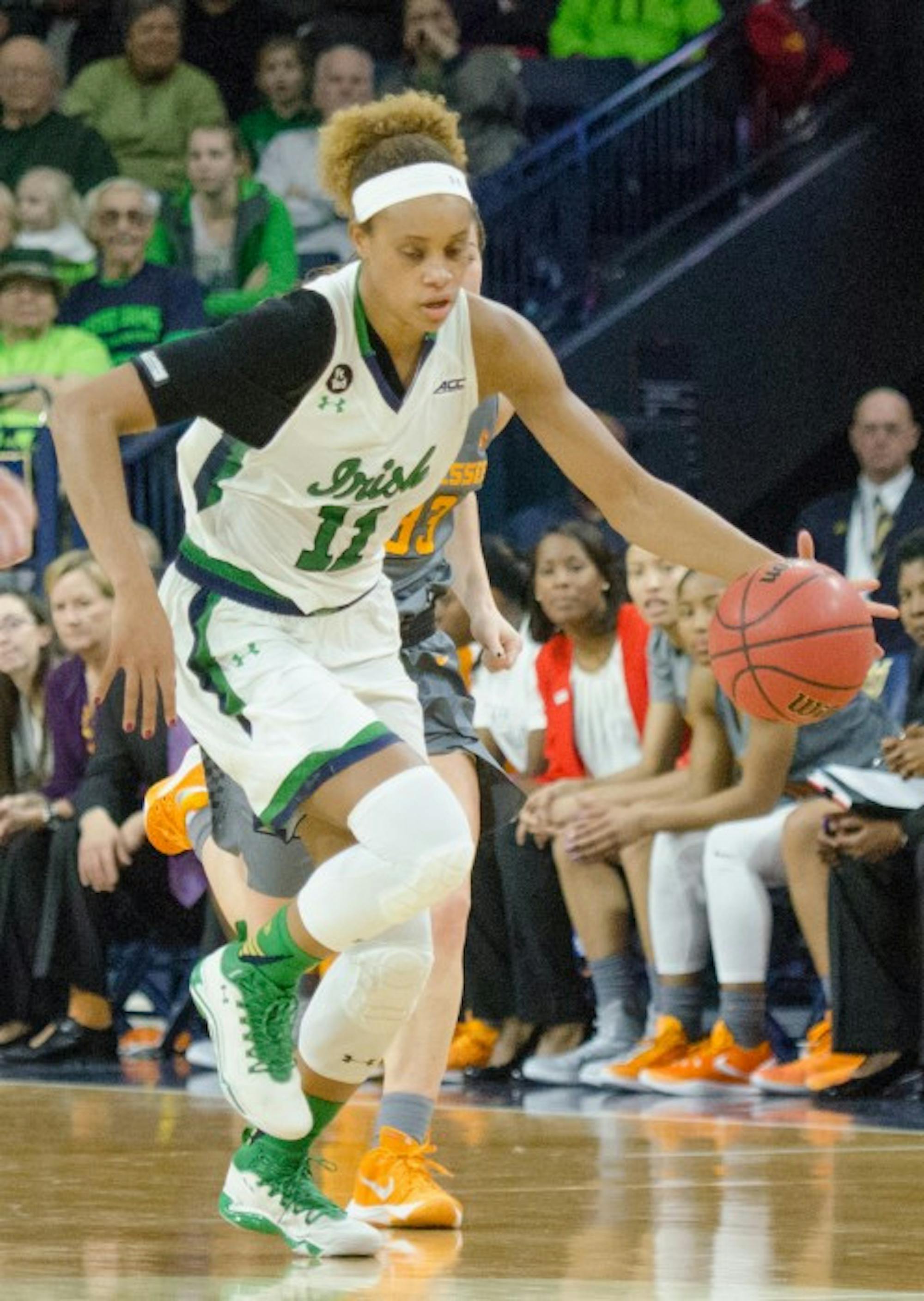 Irish sophomore forward Brianna Turner dribbles upcourt in Notre Dame’s 79-66 win over Tennessee on Jan. 18 at Purcell Pavilion.