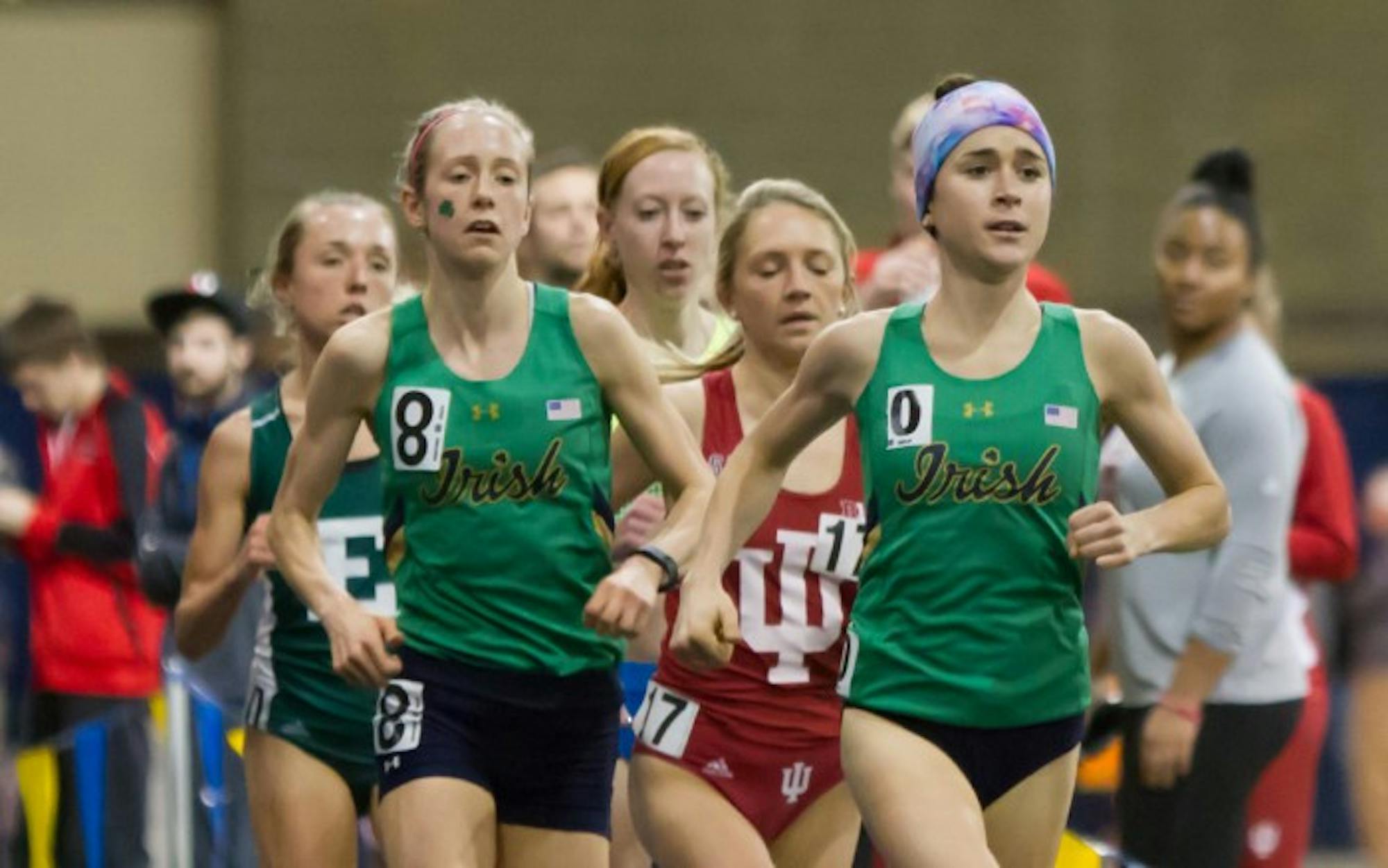 Irish graduate student Molly Seidel and sophomore Anna Rohrer compete during the Meyo Invitational on Feb, 4 at Loftus Sports Center.