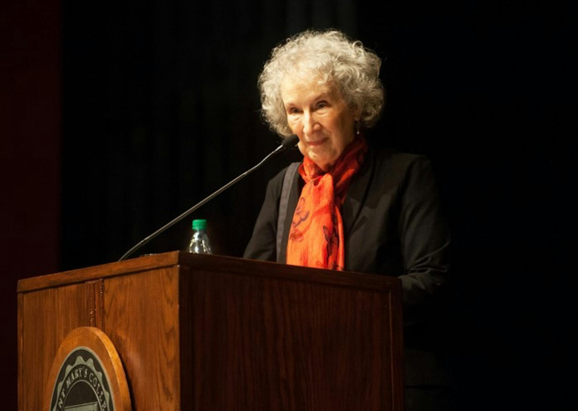 Margaret Atwood, author of “The Handmaid's Tale”, listens to an audience question during the annual Christian Culture Lecture at Saint Mary's. Atwood discussed the relevance of her novel, which depicts a world in which women are severely oppressed.