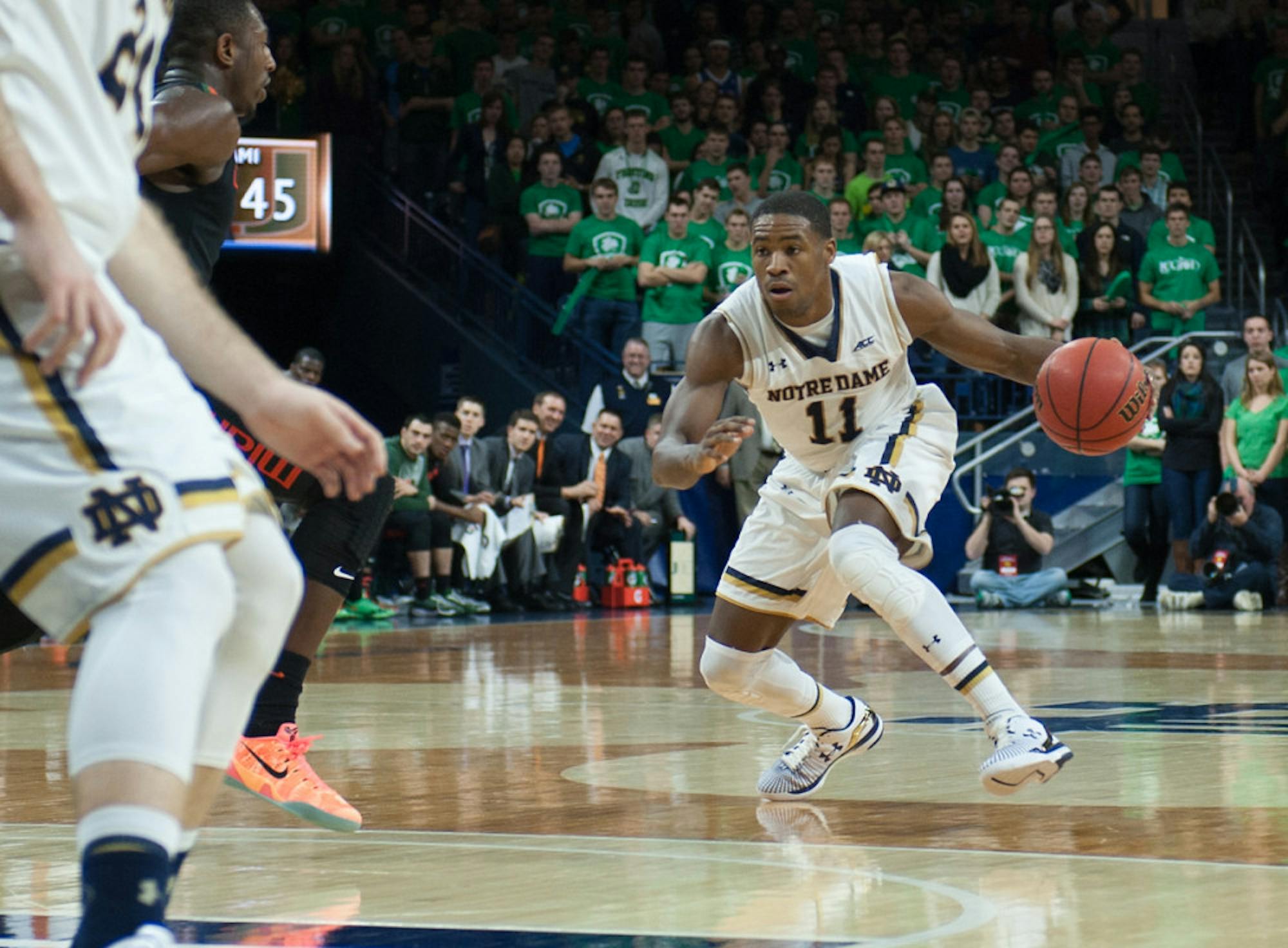 Irish sophomore guard Demetrius Jackson dribbles during Notre Dame’s 75-70 win against Miami on Saturday at Purcell Pavilion.