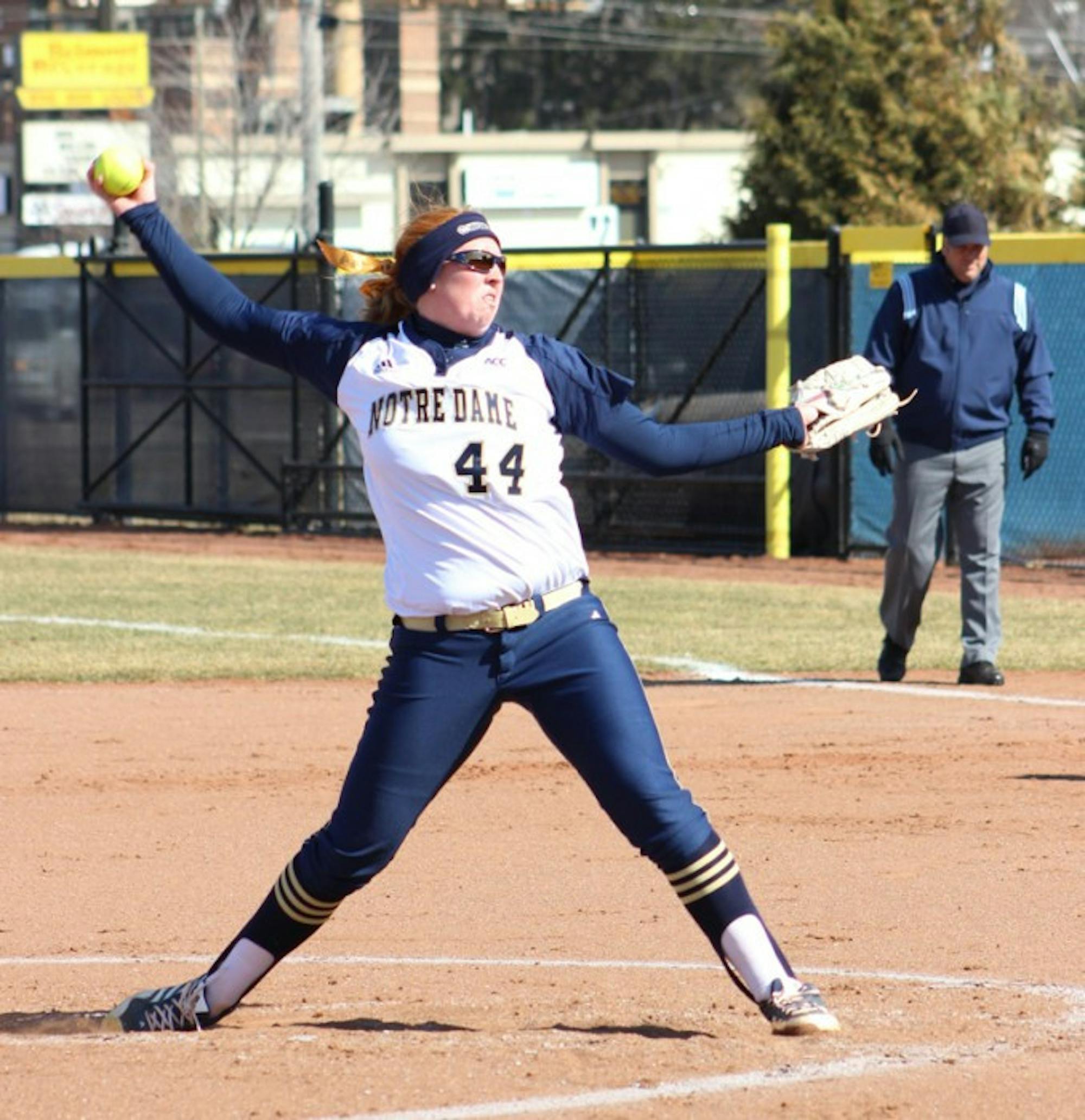 Irish senior pitcher Laura Winter winds up for a pitch during Notre Dame’s 11-4 victory over Ball State on Tuesday. Winter earned her 97th win, breaking the previous program record.