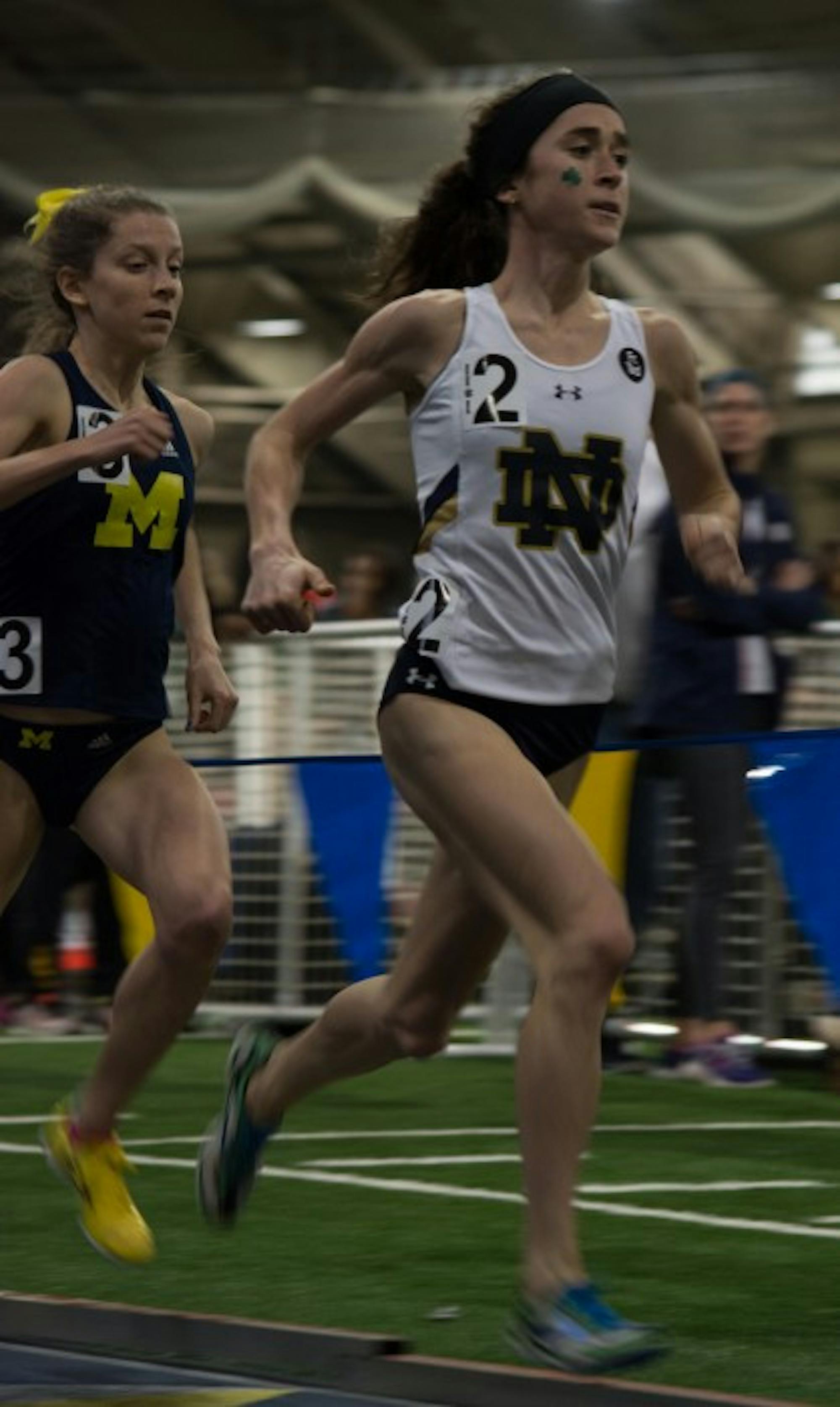 Irish senior Molly Seidel participates in the 3,000-meter run at the Meyo Invitational. Seidel broke the school and meet record in the race.