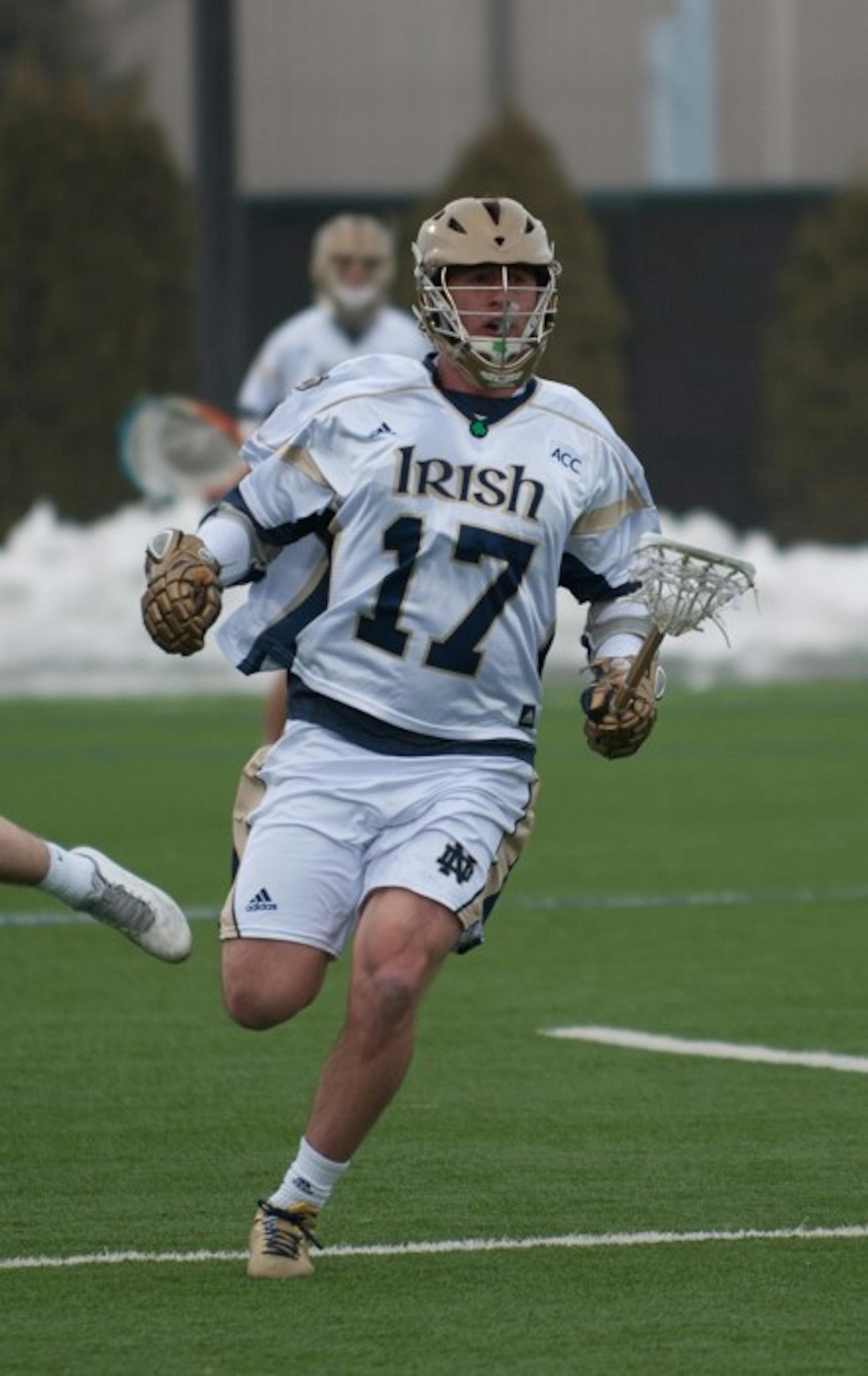 Irish junior midfielder Will Corrigan races down the field during Notre Dame's 8-7 loss to Penn State on Feb. 22.