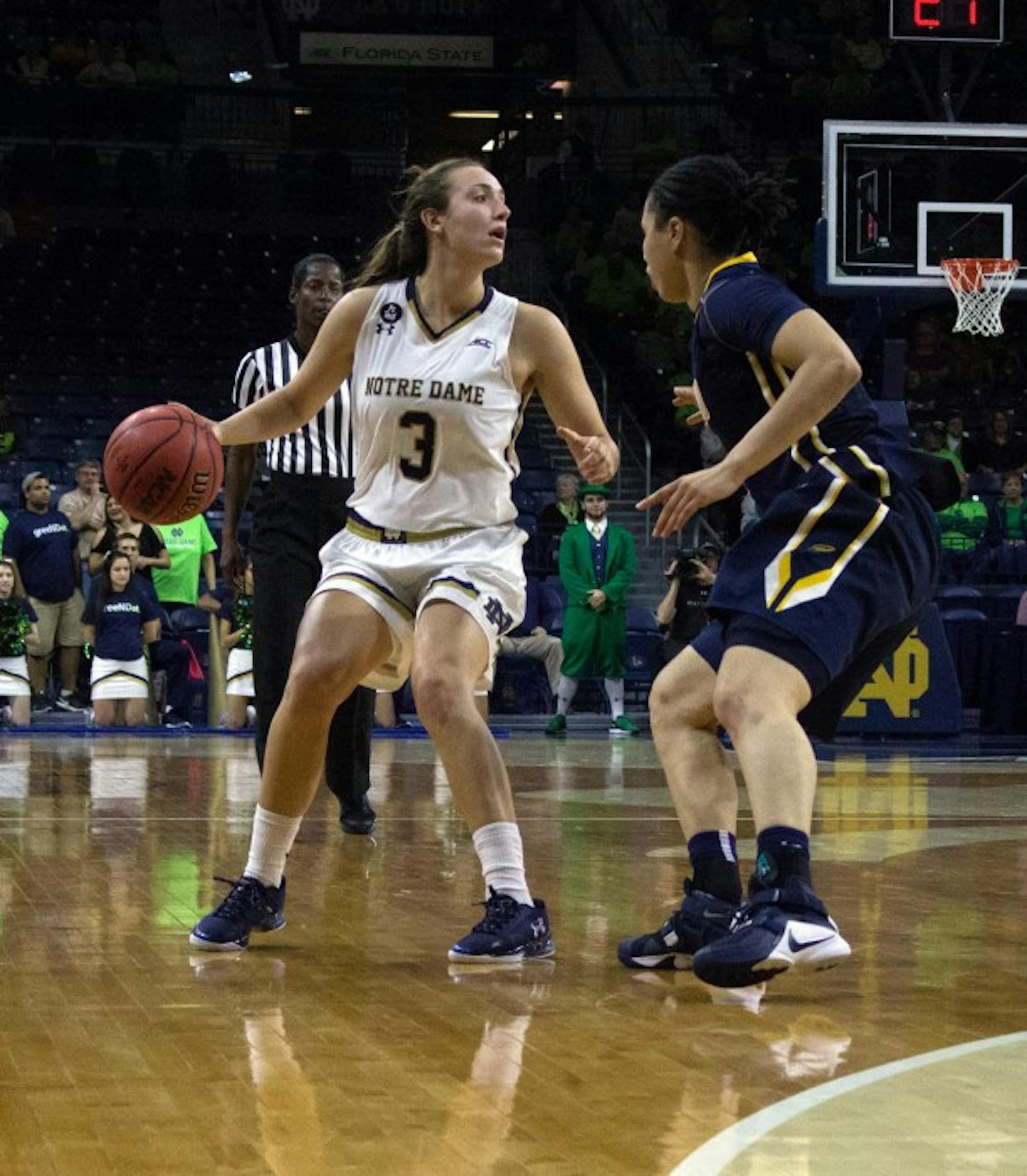 Irish freshman guard Marina Mabrey looks for a passing lane during Notre Dame's 74-39 win over Toledo on Nov. 18 at Purcell Pavilion.