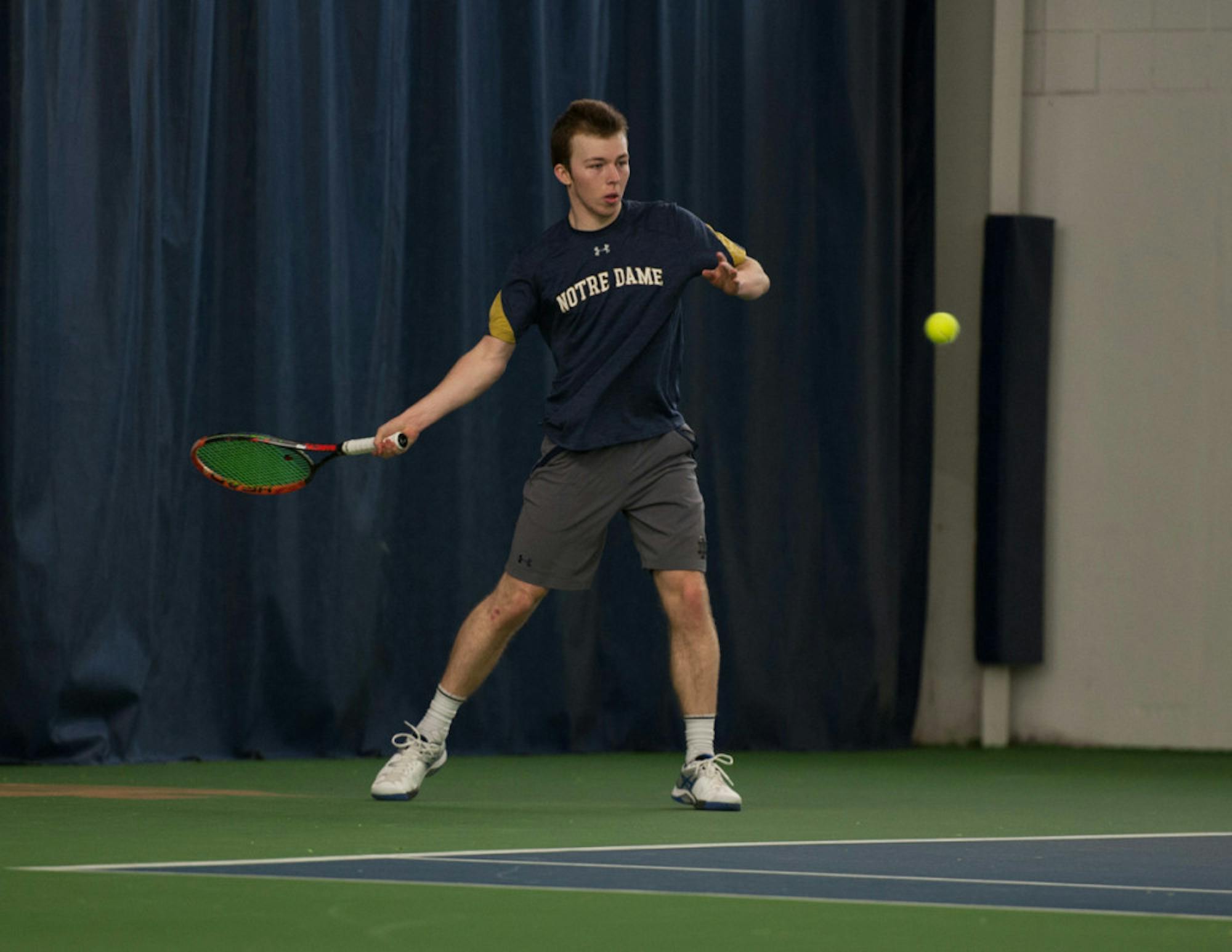 Irish sophomore Matt Gamble hits a forehand during Notre Dame's 7-0 win over Boston College on Feb. 11 at Eck Tennis Pavilion.