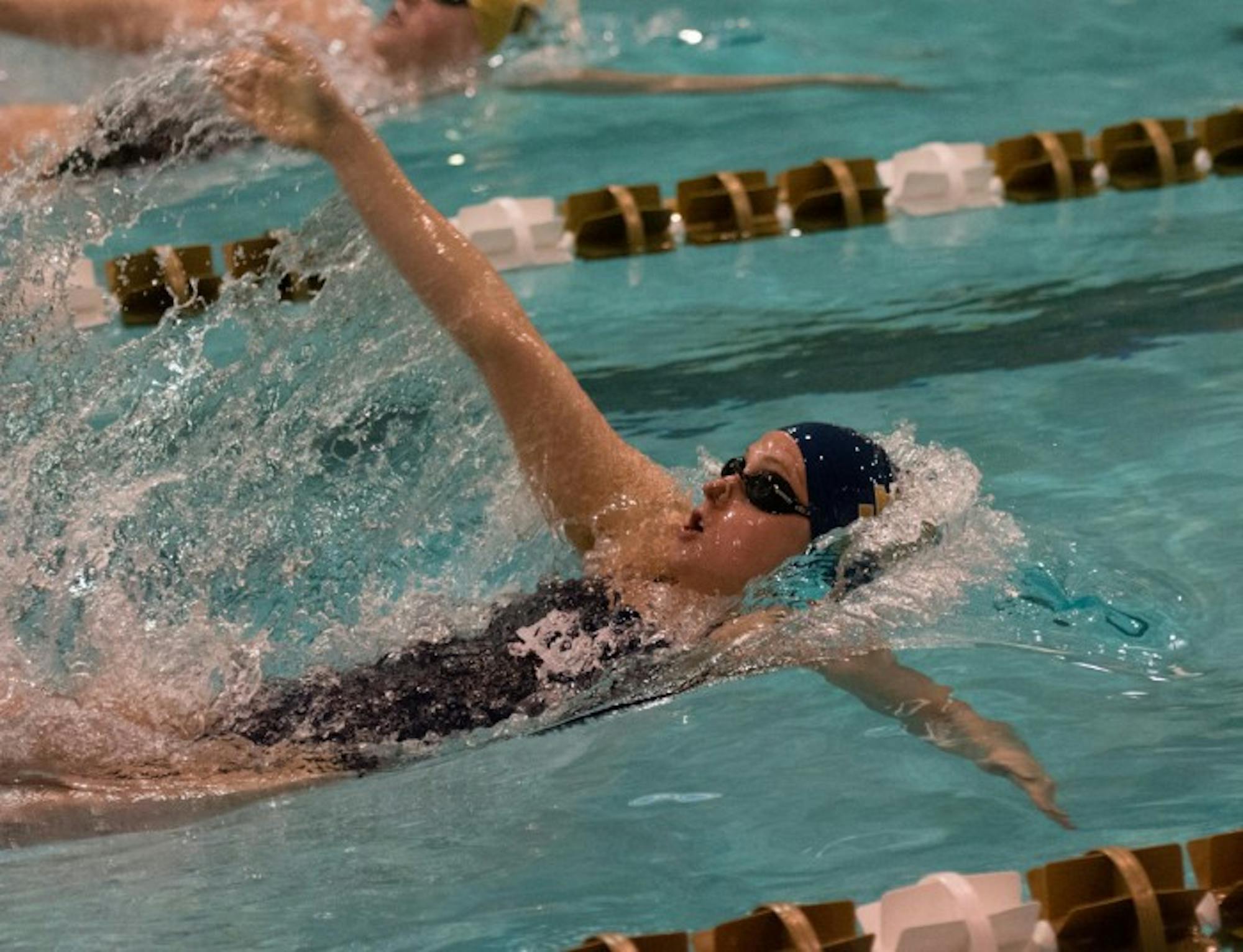 Irish sophomore Katie Miller competes in the backstroke during Notre Dame’s 170-128 loss to Purdue on Nov. 1 at Rolfs Aquatic Center. Miller finished in the top five of three races at the meet.