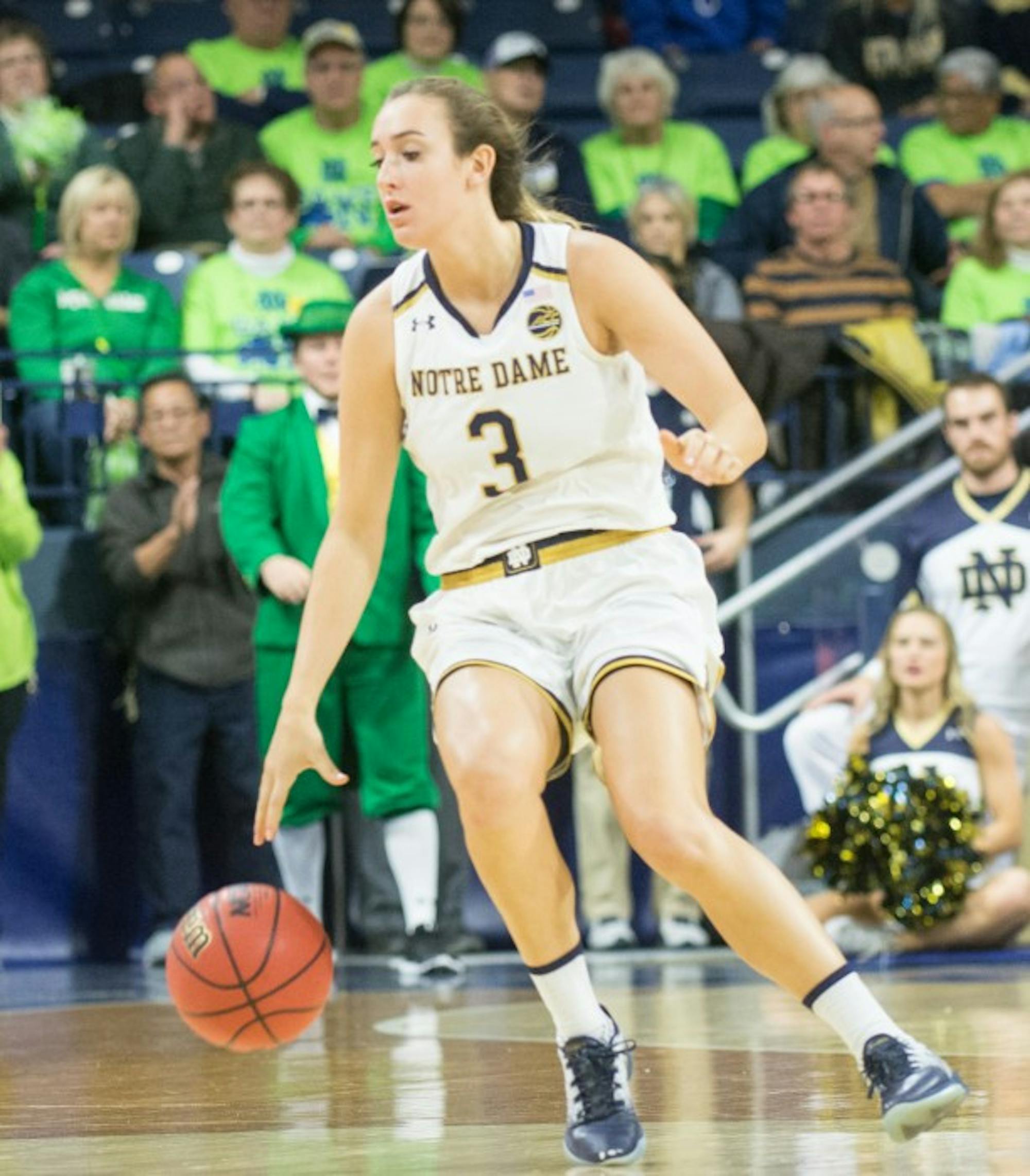 Irish sophomore guard Marina Mabrey dribbles the ball up the court during Notre Dame's 71-60 win over Washington on Nov. 20 at Purcell Pavilion.