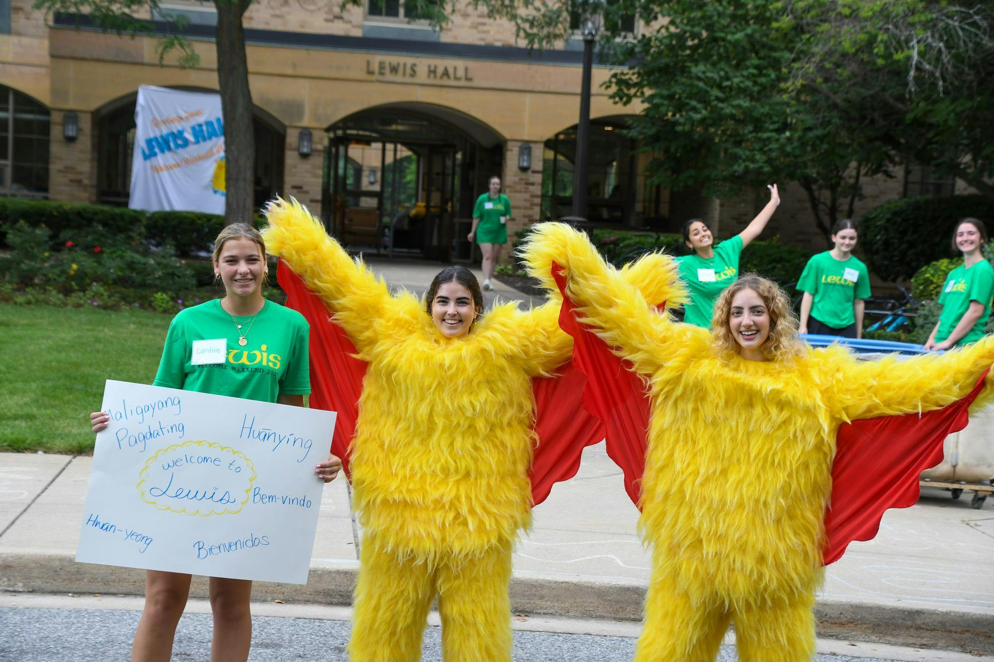 Lewis Hall committee members dressed as mascots for annual orientation.jpg