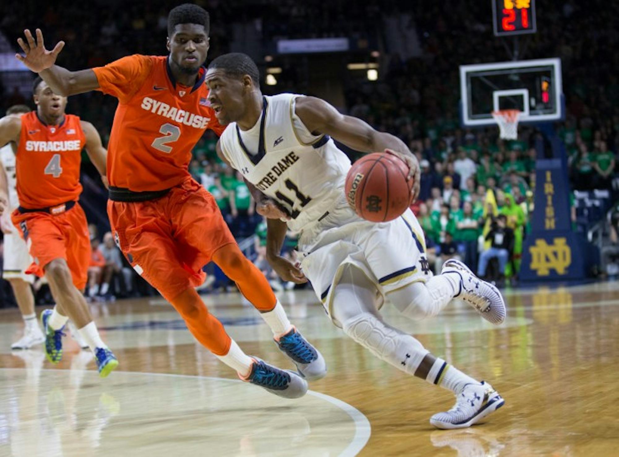 Irish sophomore guard Demetrius Jackson drives by a defender during Notre Dame's 65-60 loss to Syracuse.