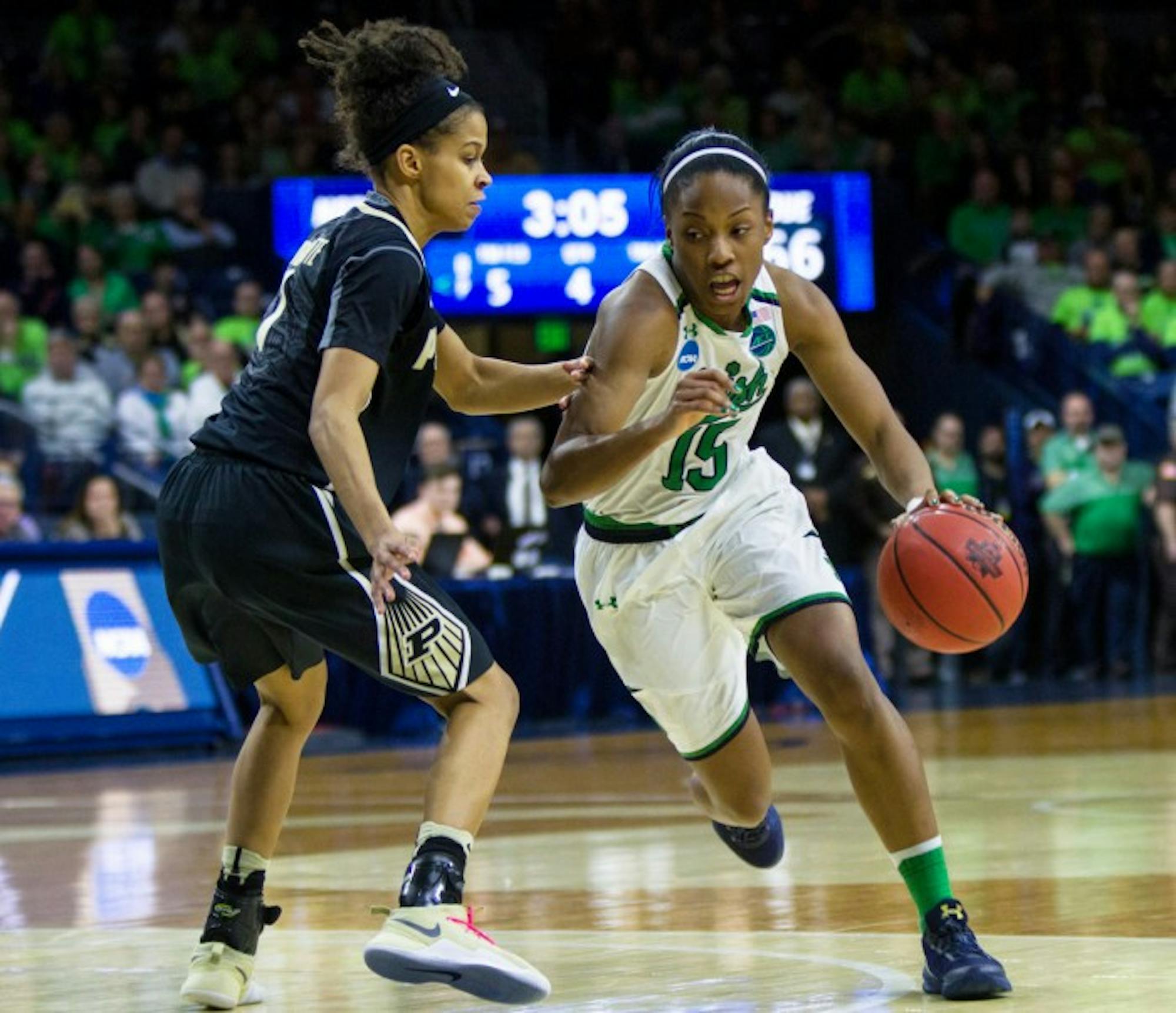 Irish senior guard Lindsay Allen drives around a defender during Notre Dame’s 88-82 overtime win over Purdue in the second round of the NCAA tournament on March 19 at Purcell Pavilion.