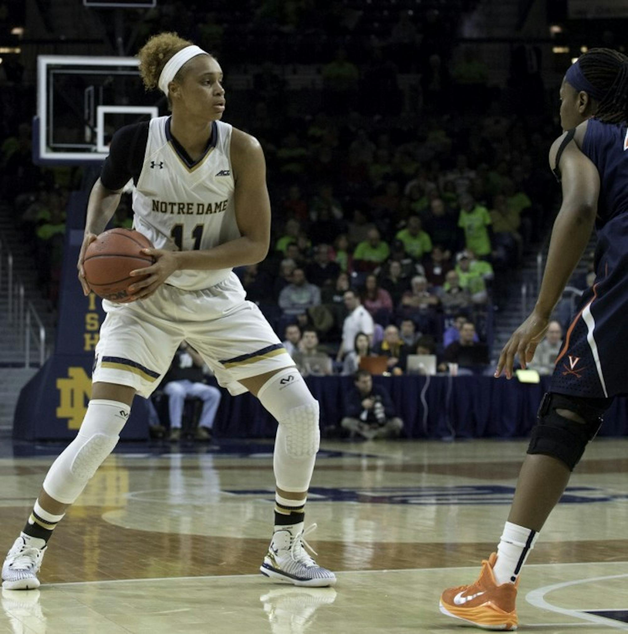 Irish freshman forward Brianna Turner takes in the court during Notre Dame’s 75-54 victory over Virginia on Feb. 5 in an ACC match-up at Purcell Pavilion.