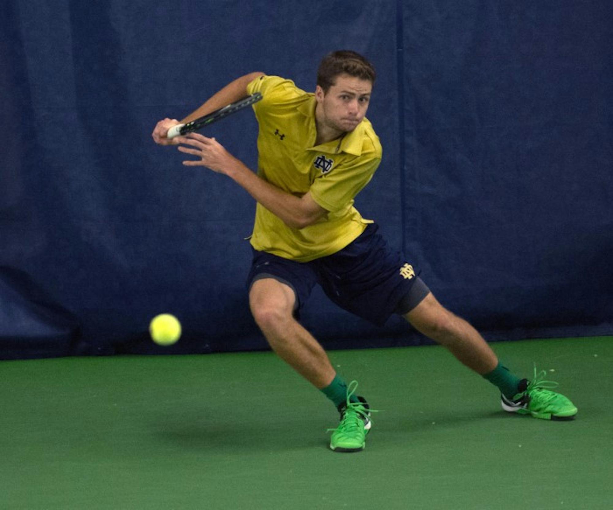 Irish senior Quentin Monaghan looks to recovera during Notre Dame’s 5-2 victory over Duke on Feb. 28 at Eck Tennis Pavilion.