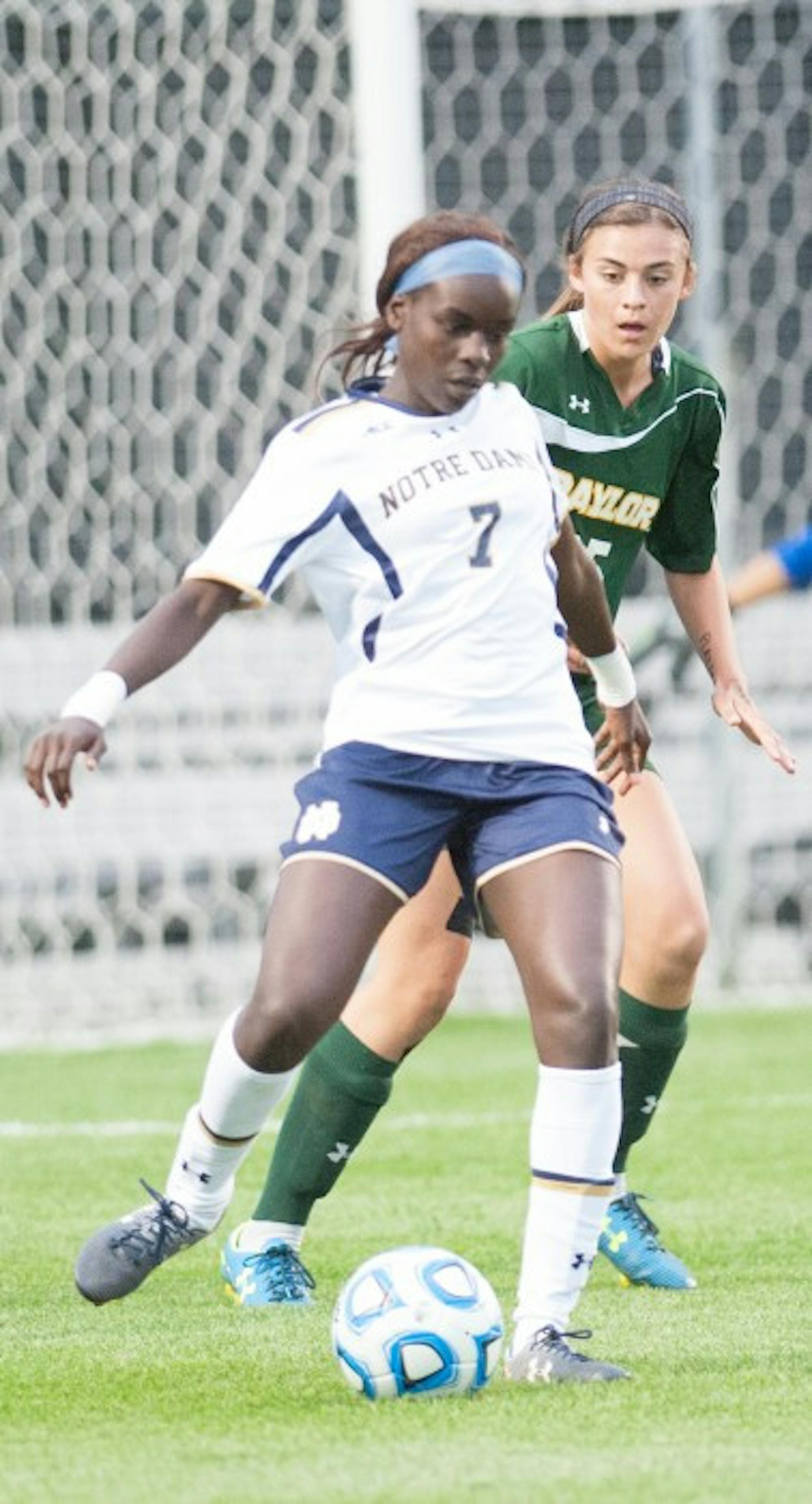 Sophomore forward Karin Muya looks to pass the ball in a 1-0 victory against Baylor on September 12 at Alumni Stadium.
