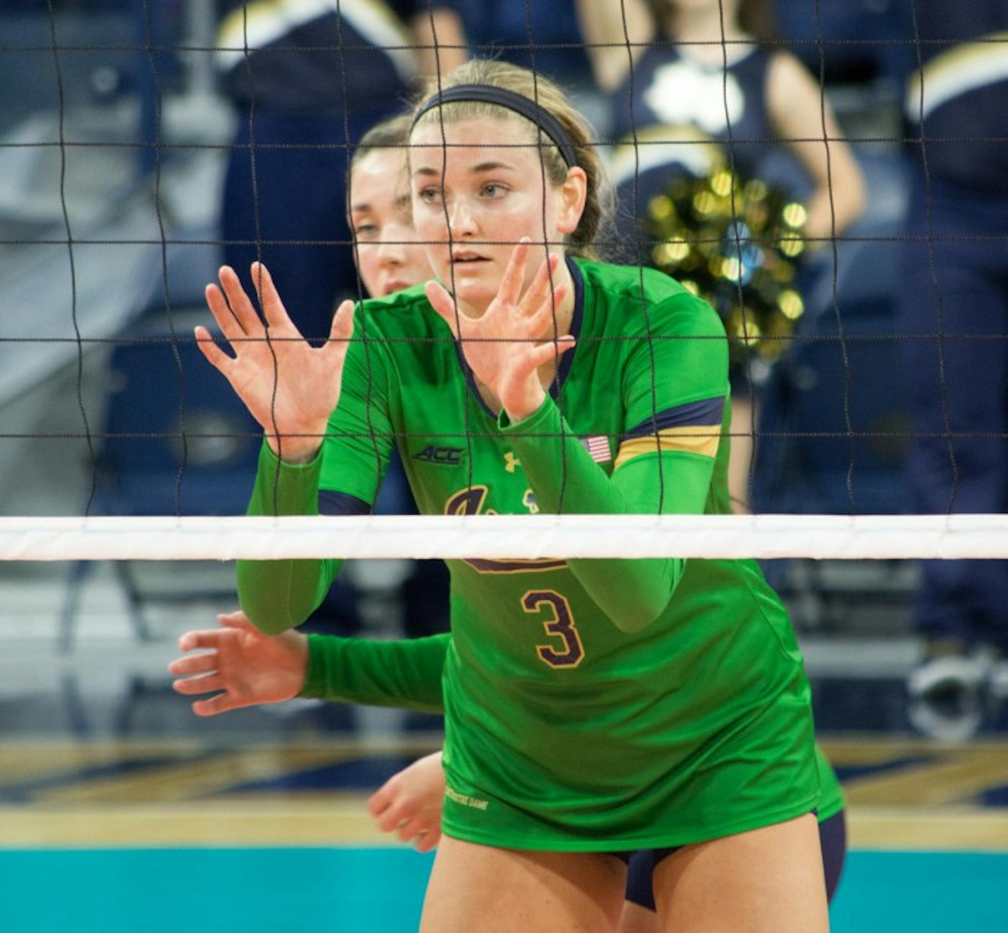 Irish junior middle blocker Sam Fry prepares for a serve during Notre Dame’s 3-0 victory over Western Michigan at Purcell Pavilion on Saturday. Fry recorded 25 kills over the team’s three matches.
