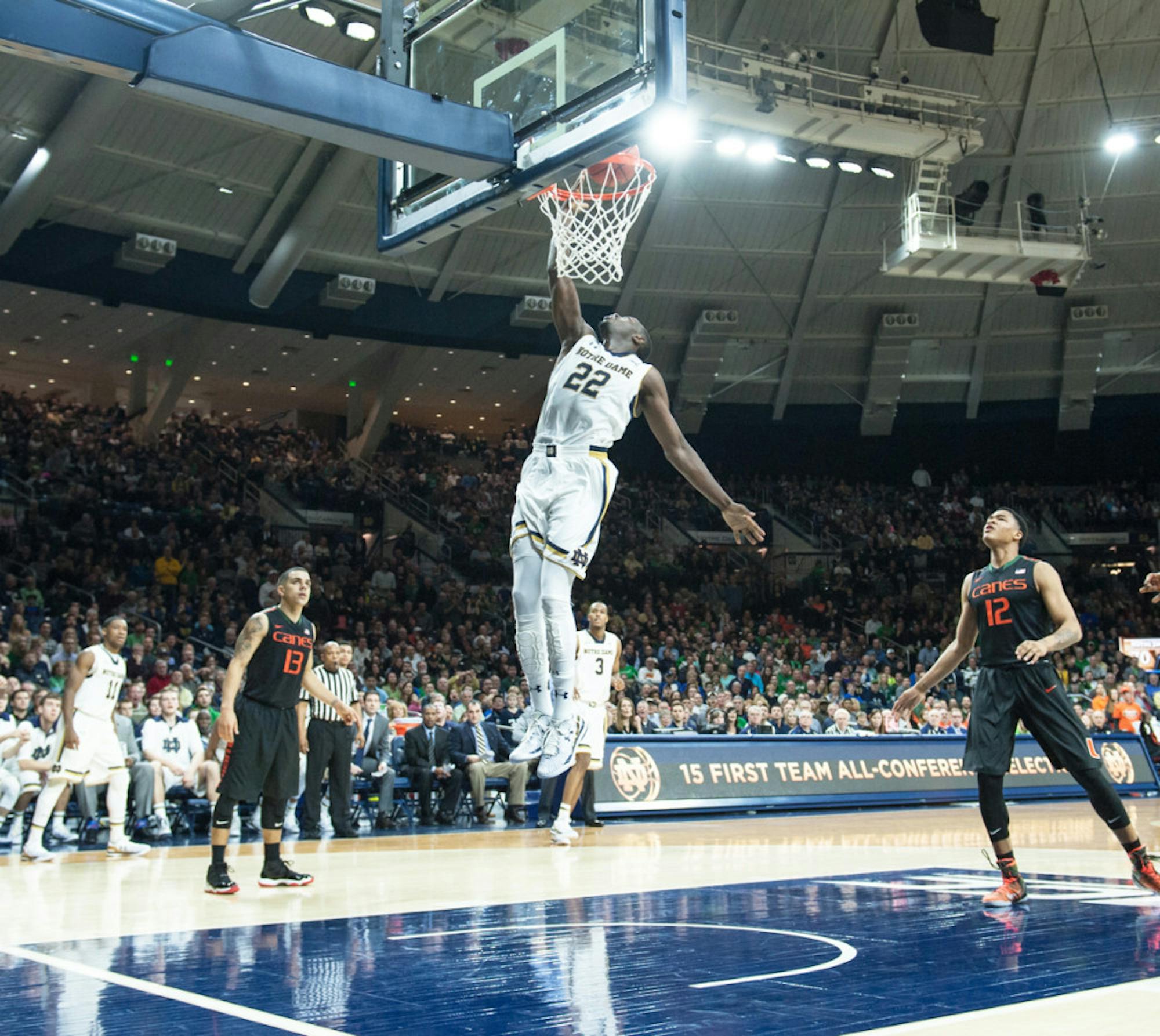 Irish senior guard Jerian Grant jumps for an uncontested dunk in a 75-70 win over Miami (Fla.) on Jan. 17 at Purcell Pavilion.