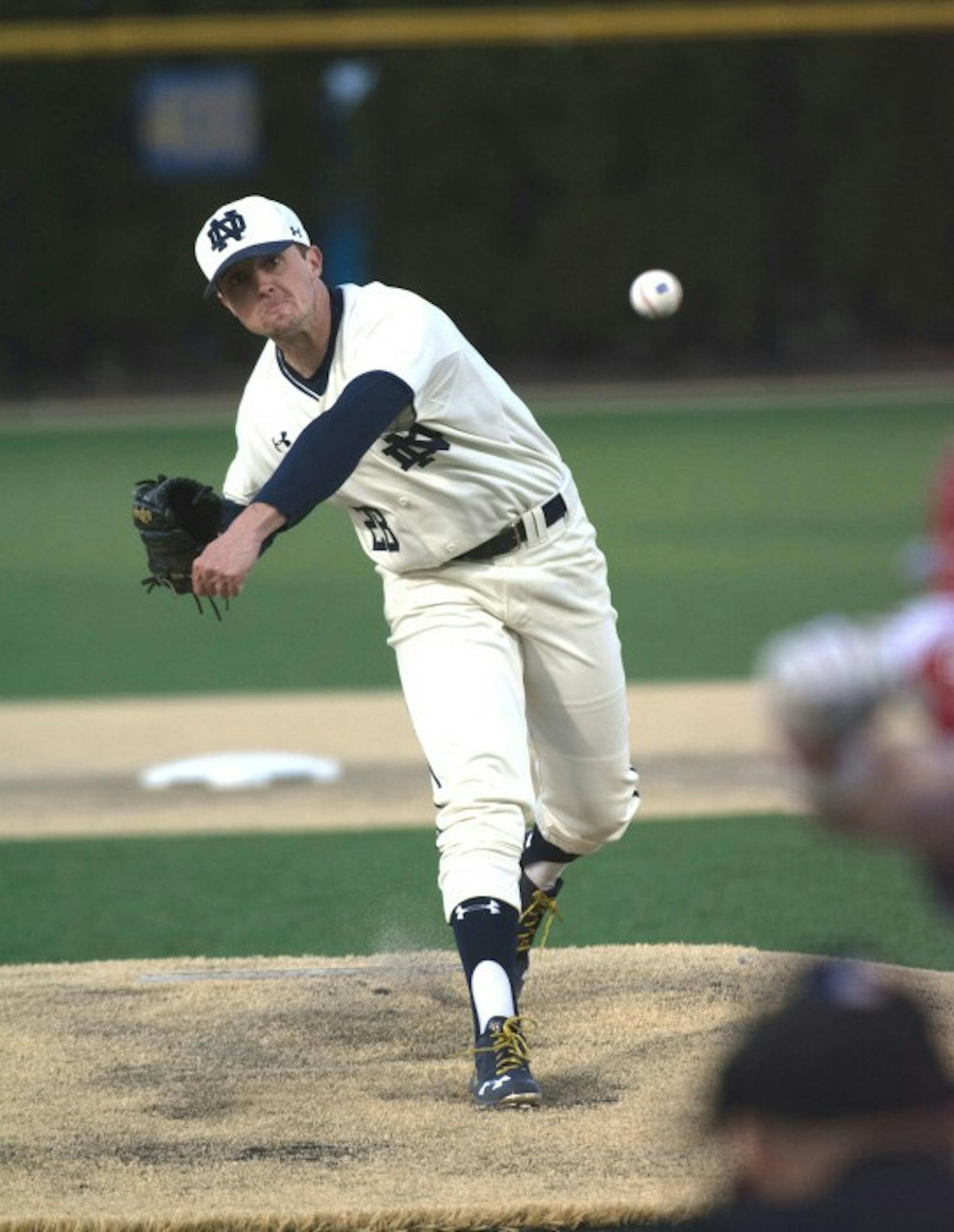 Irish senior left-hander Michael Hearne releases a pitch during Notre Dame's 9-5 win over Illinois Chicago on March 22 at Frank Eck Stadium.