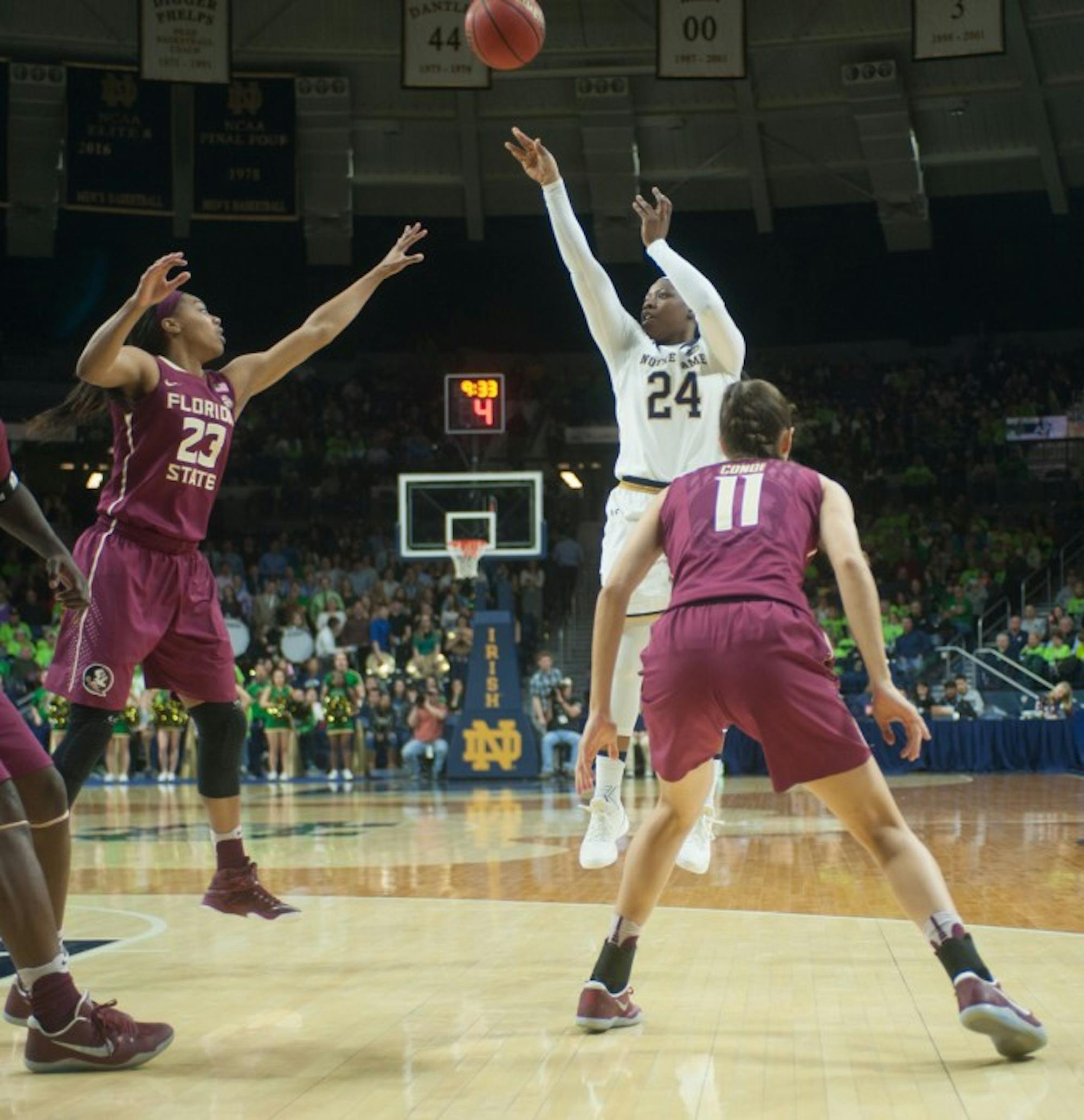Irish sophomore guard Arike Ogunbowale takes a shot in Notre Dame’s 79-61 victory over Florida State on Feb. 26 at Purcell Pavilion.