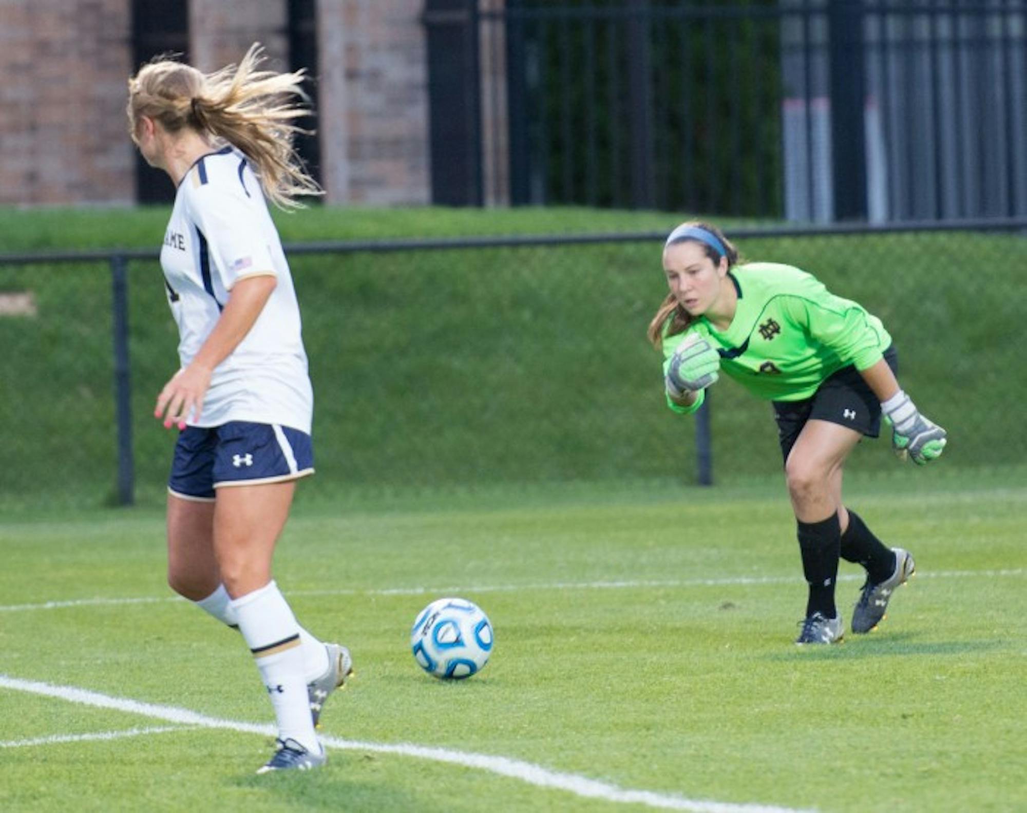 Sophomore goalkeeper Kaela Little rolls the ball out of the  penalty area during Notre Dame’s 1-0 victory over Baylor on Sept. 12.