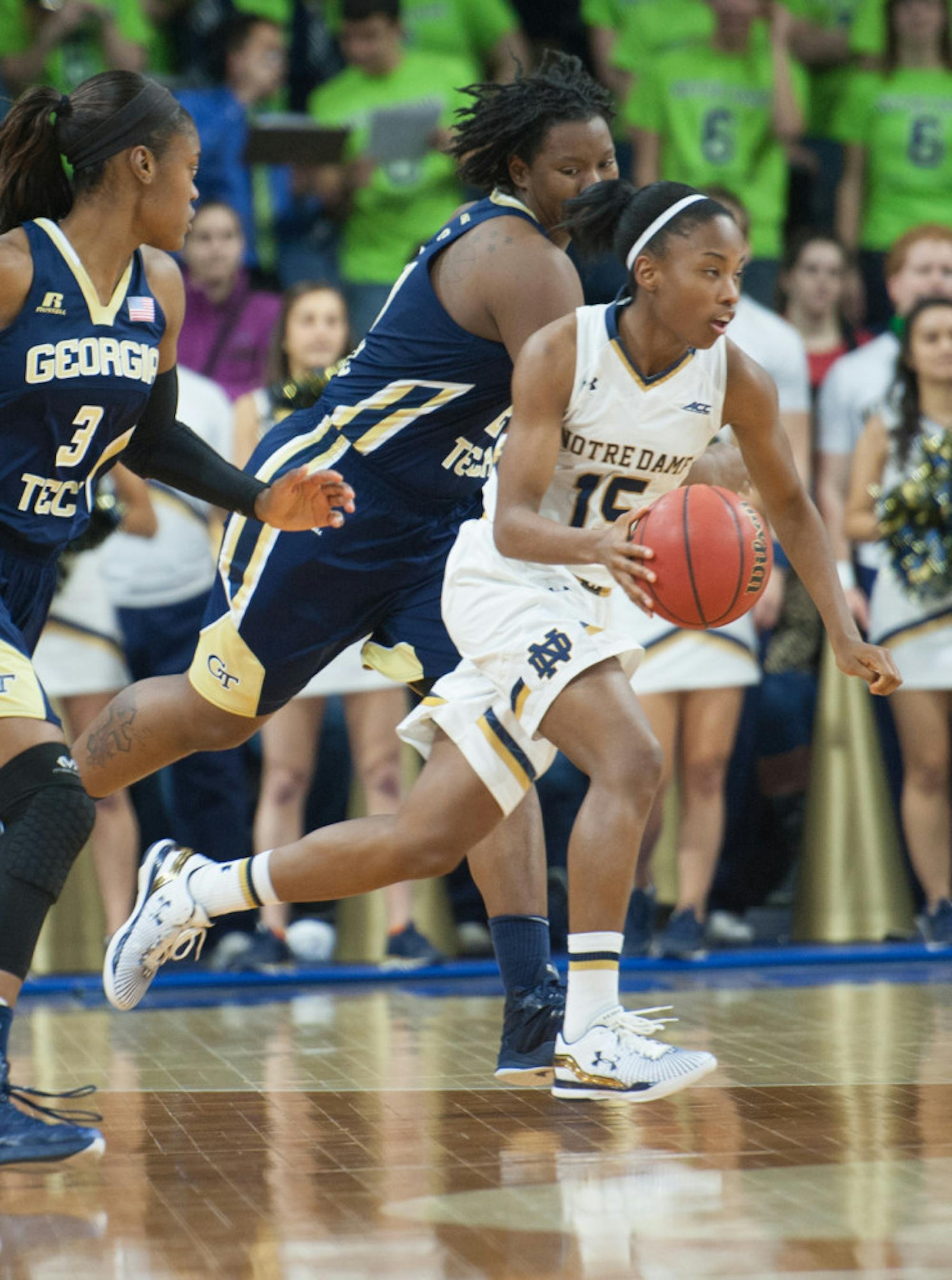 Irish sophomore guard Lindsay Allens races past a Georgia Tech defender in the Notre Dame win on Jan. 22.