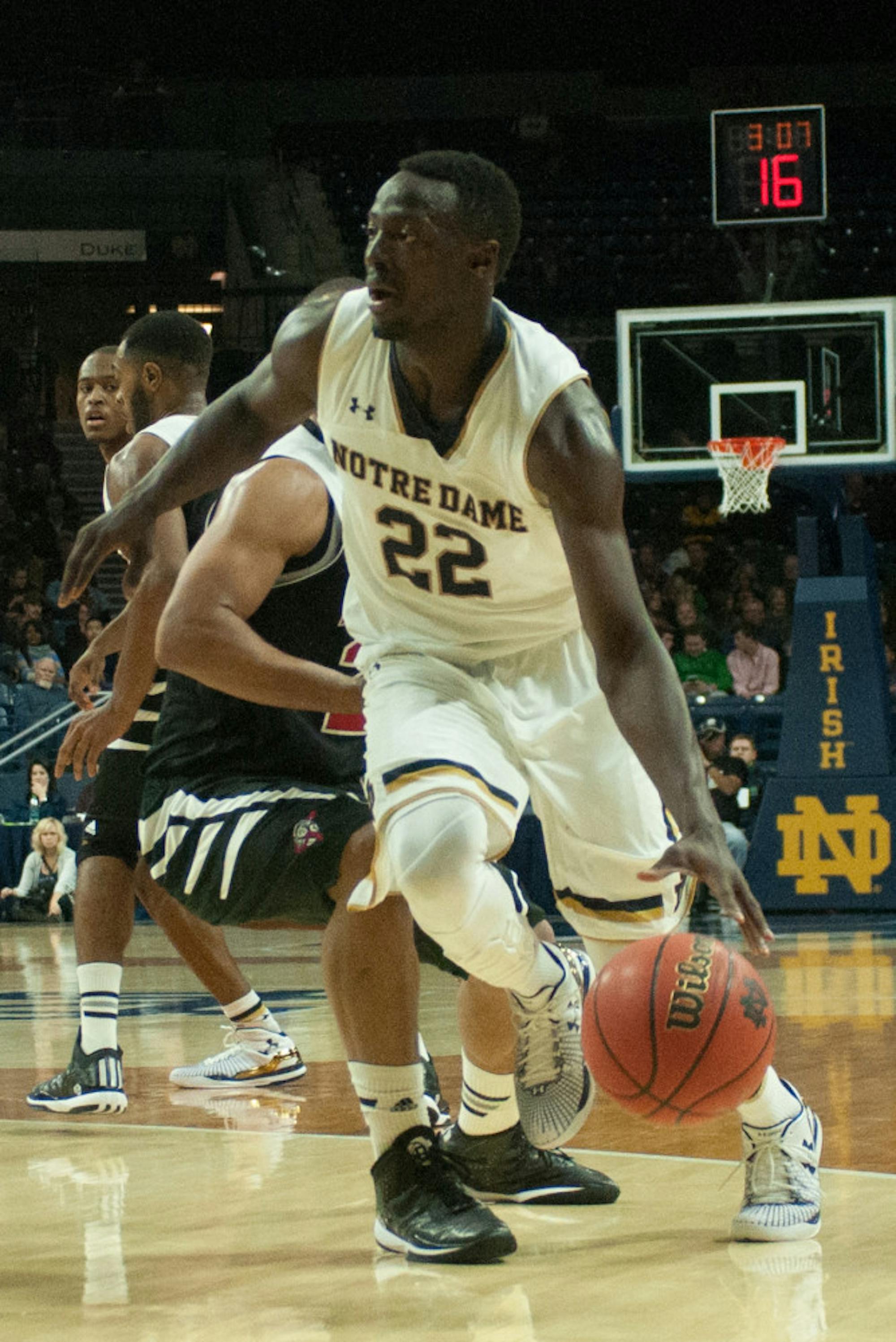 Irish senior guard Jerian Grant dribbles towards the basket during Notre Dame’s 82-59 exhibition win against Lewis on Friday.