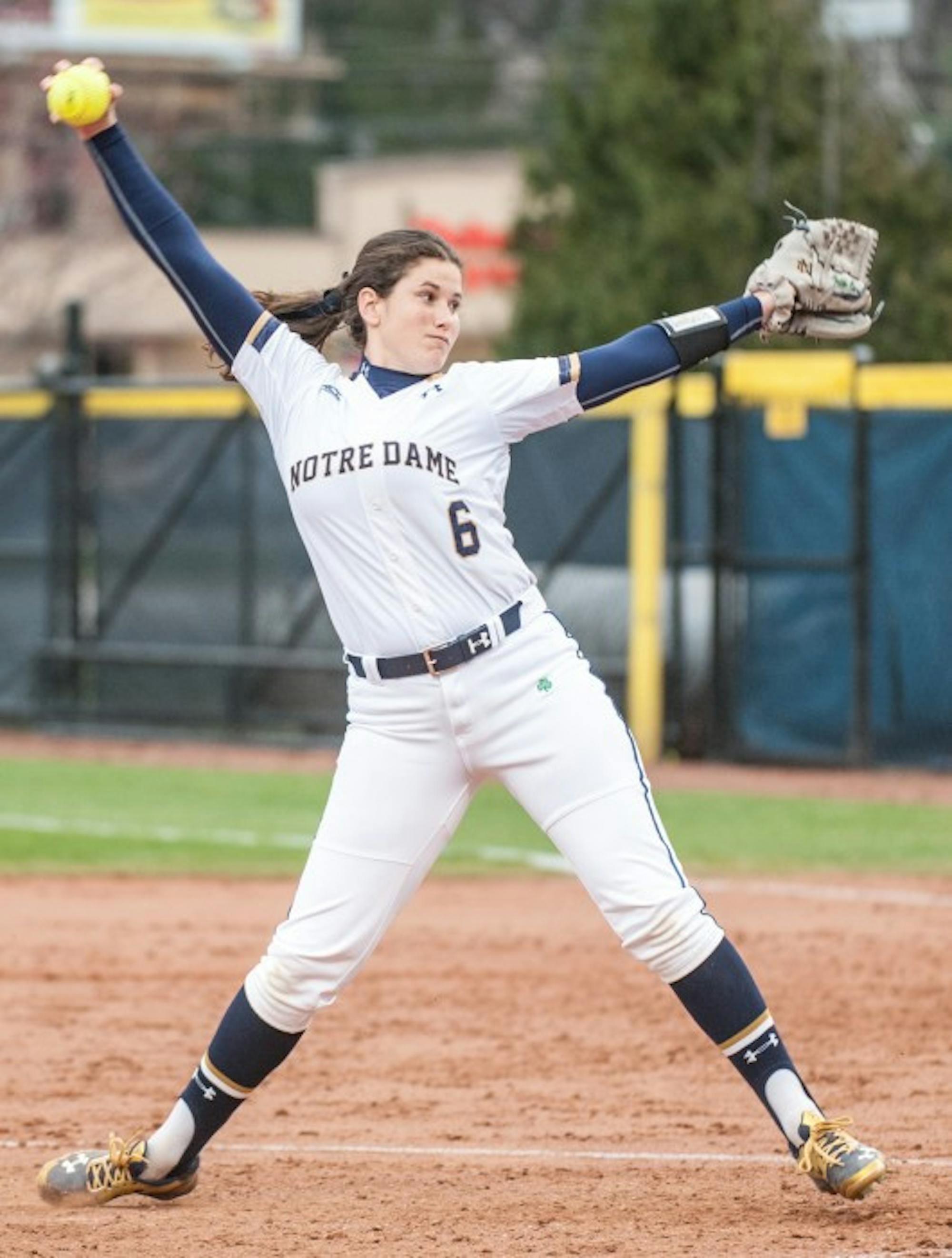 Senior Rachel Nasland pitches during Notre Dame’s 1-0 win over Eastern Michigan on Wednesday at Melissa Cook Stadium.