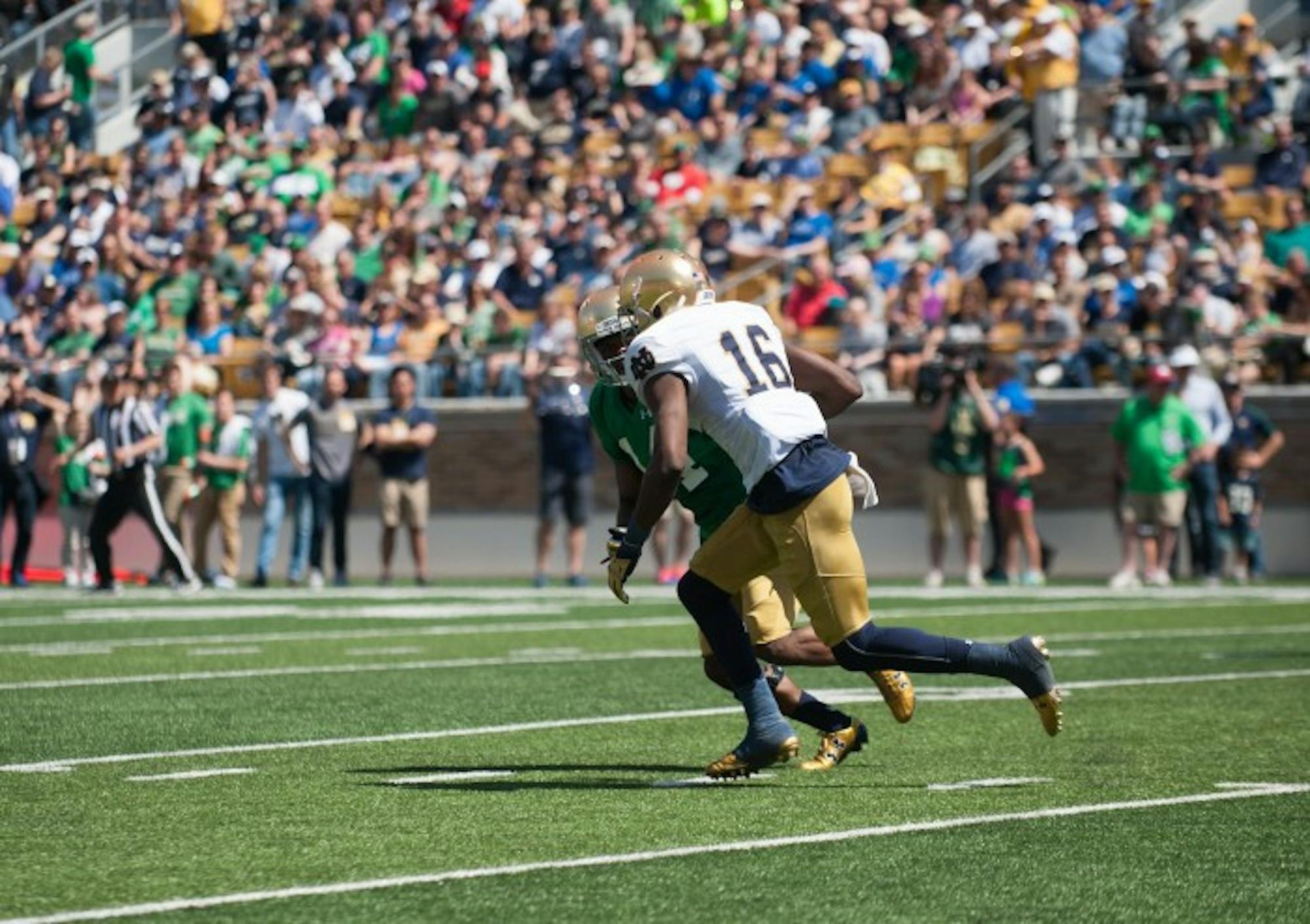 Senior receiver Torii Hunter Jr. tries to create separation during Notre Dame's Blue-Gold Game on Saturday.