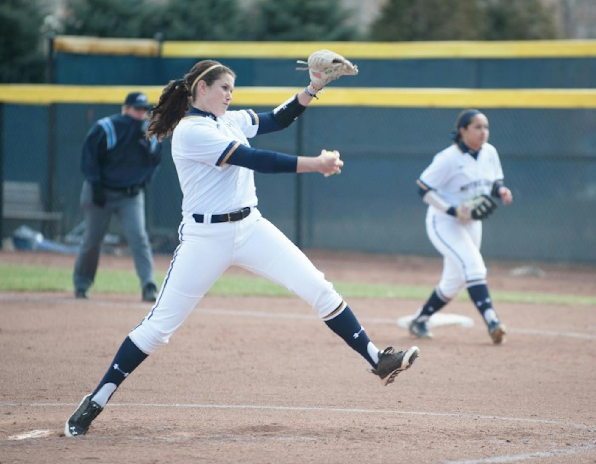 Irish junior Rachel Naslund delivers a pitch during Notre Dame’s 6-1 win over Georgia Tech on March 21 at Melissa Cook Stadium.